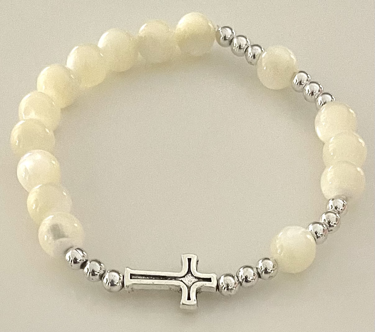 8mm MOTHER OF PEARL GEMSTONE STRETCH ROSARY BRACELET with PRAYER CARD GIFT BOXED