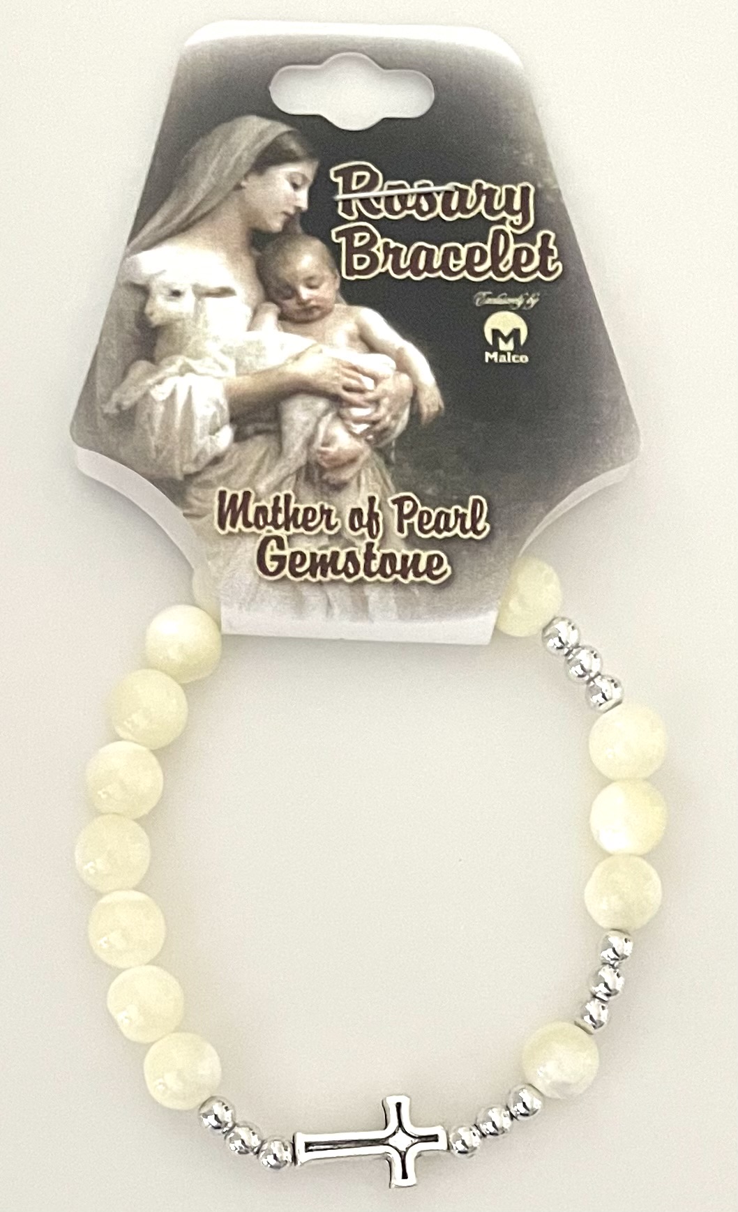 8mm MOTHER OF PEARL GEMSTONE STRETCH ROSARY BRACELET