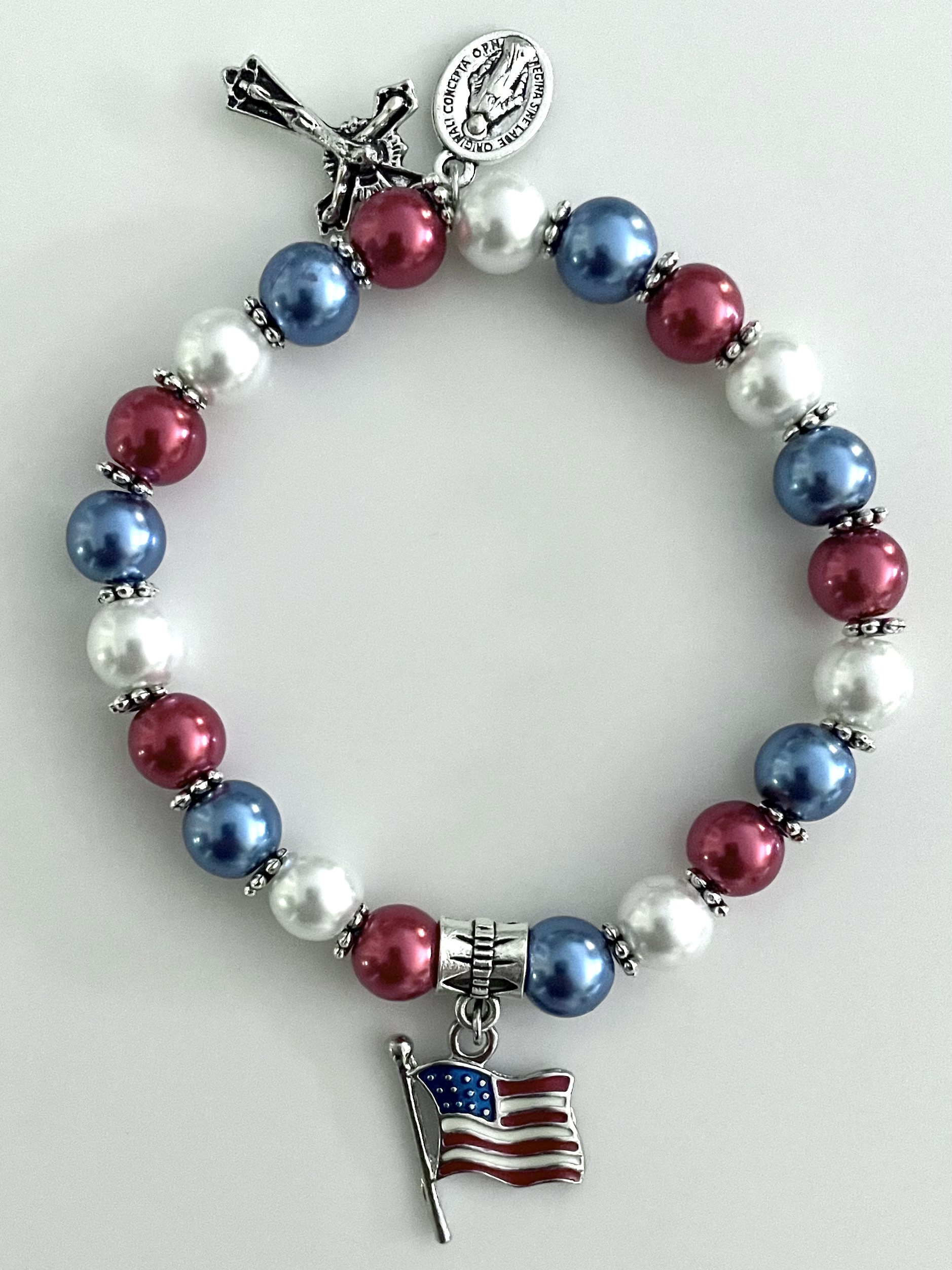250th Anniversary USA 8mm Pearl Bracelet with Prayer Card Gift Boxed 