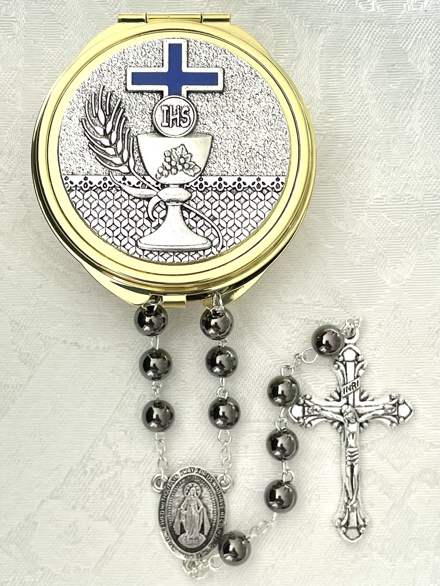 CHALICE ROSARY BOX GOLD METAL WITH BLUE ENAMEL PACKAGED WITH AN 8mm HEMATITE ROSARY 