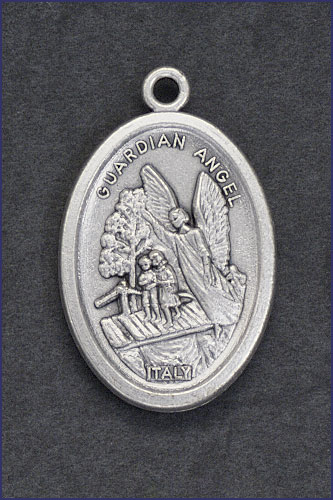 OVAL SILVER OXIDIZED MEDAL GUARDIAN ANGEL