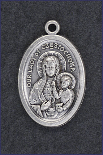 OVAL SILVER OXIDIZED MEDAL OUR LADY OF CZESTOCHOWA