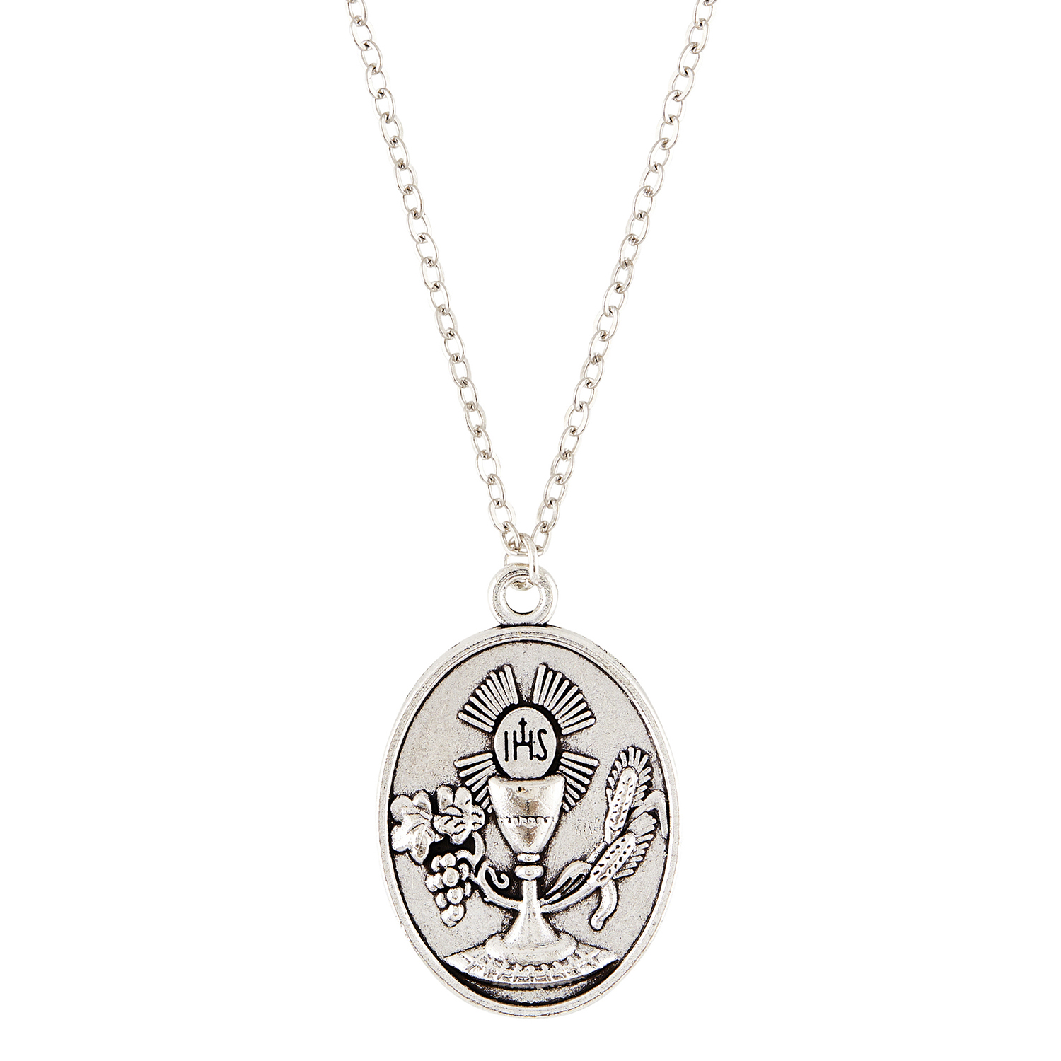 Oval First Communion Chalice Pendant. Silver Oxidized Finish on 18in Chain. Gift Boxed