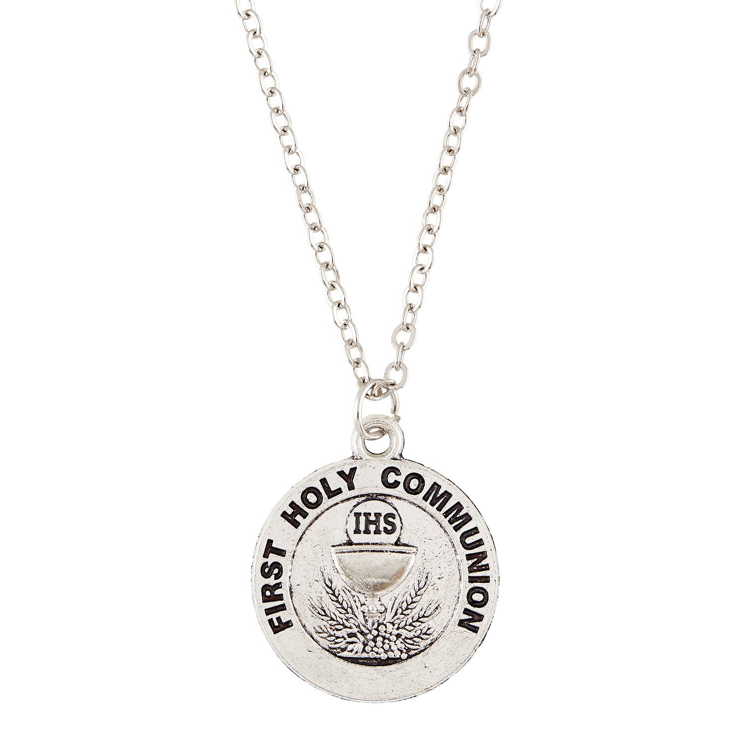 Round First Communion Chalice Pendant. Silver Oxidized Finish on 18in Chain. Gift Boxed