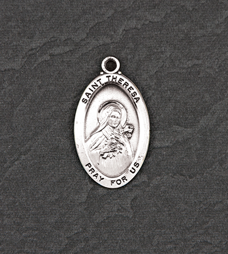 Sterling Silver Oval Saint Theresa Medal on 24 in Chain