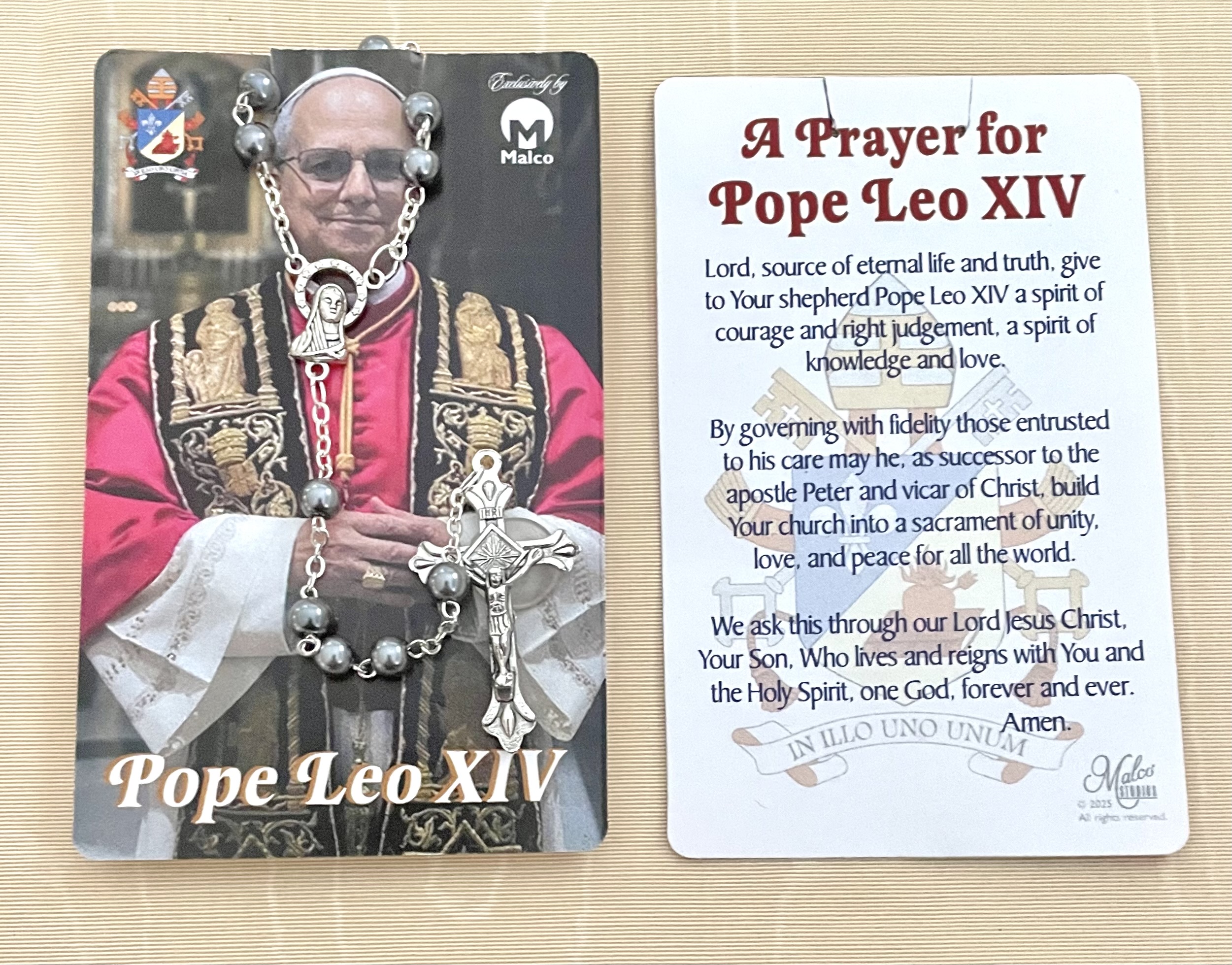 Pope Leo XIV Men's Rosary on Card with Prayer in hanging display bag.