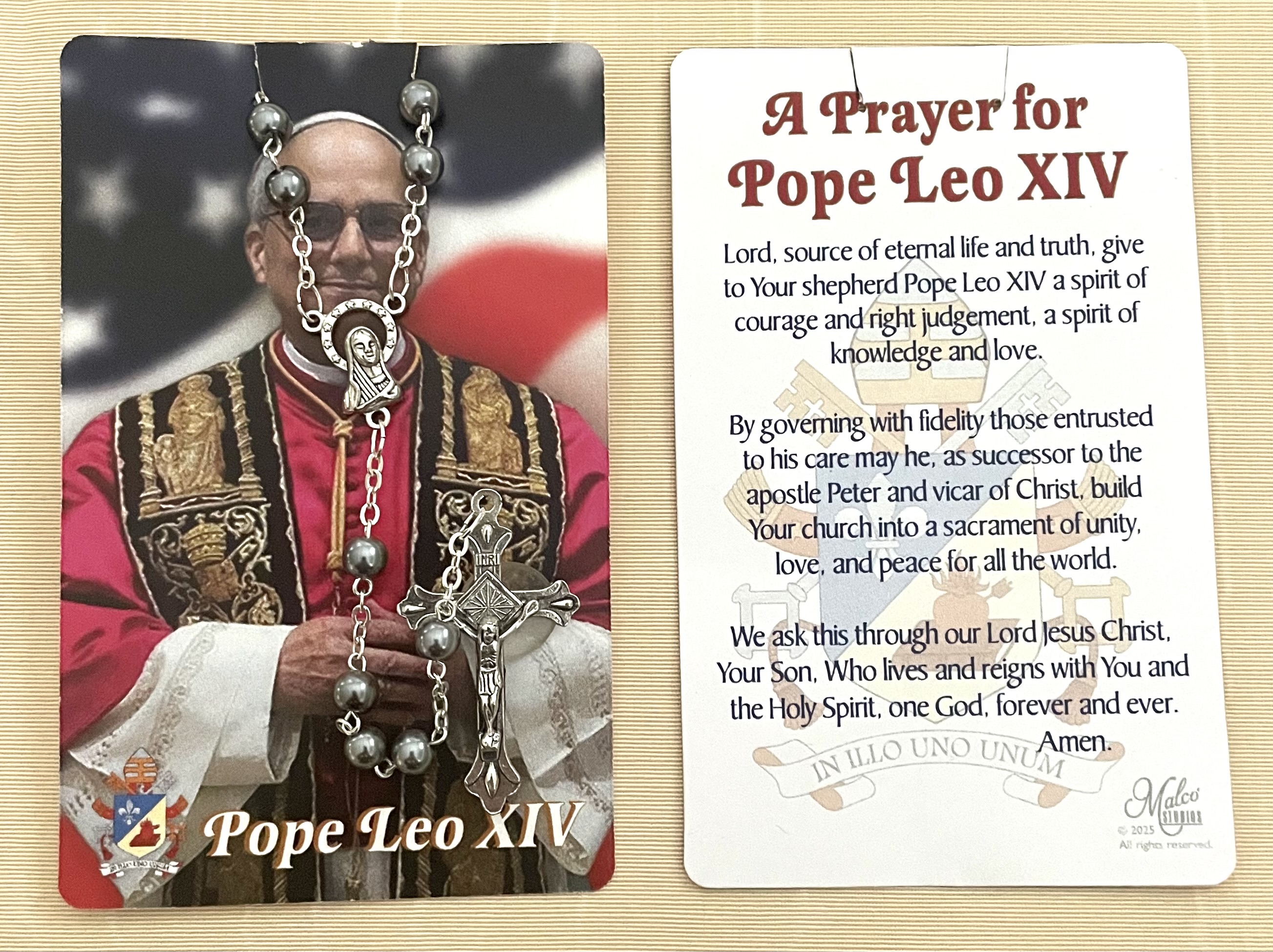 Pope Leo XIV Men's Rosary on Card with Prayer in hanging display bag.