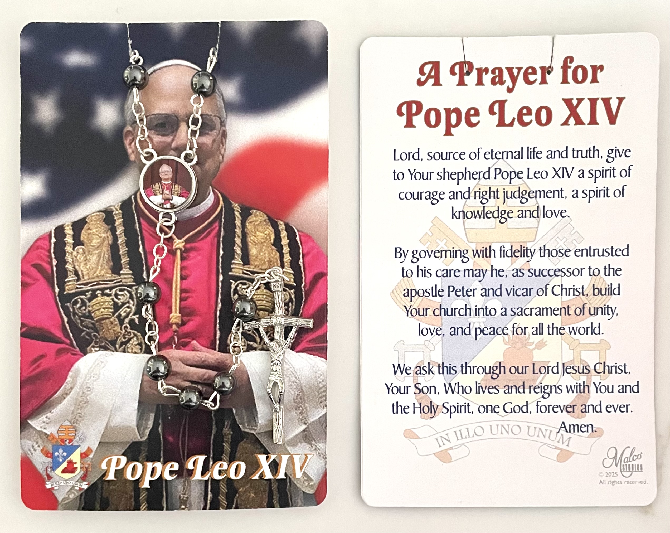 Pope Leo XIV Men's Rosary on Card with Prayer in hanging display bag. Rosary features Photo Centerpiece of Pope Leo and Papal Crucifix