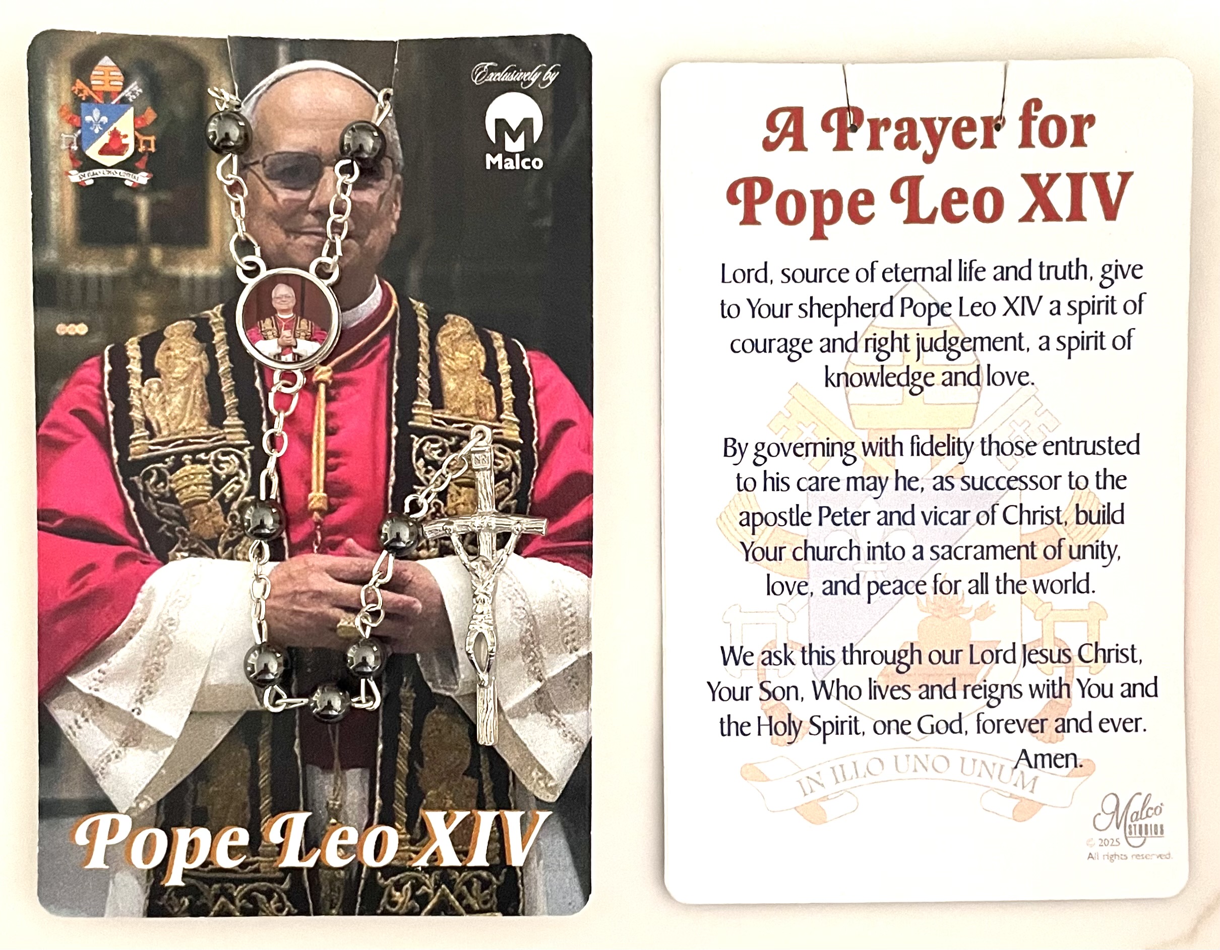 Pope Leo XIV Men's Rosary on Card with Spanish Prayer in hanging display bag. Rosary features Photo Centerpiece of Pope Leo and Papal Crucifix