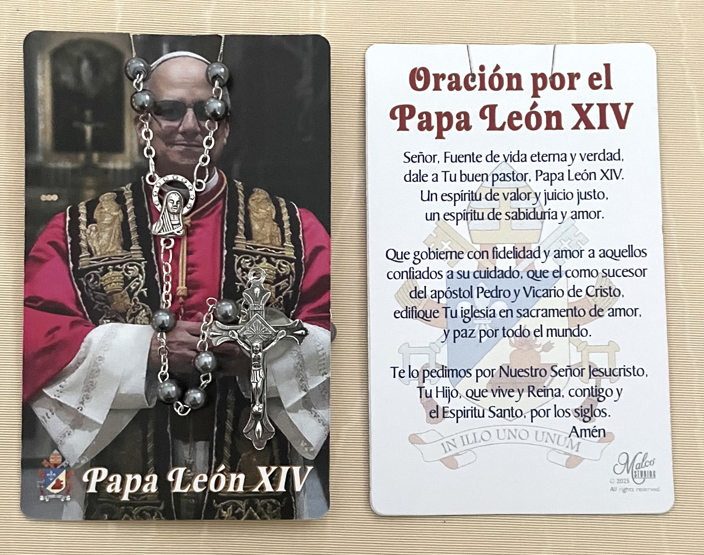 Pope Leo XIV Men's Rosary on Card with Spanish Prayer in hanging display bag.