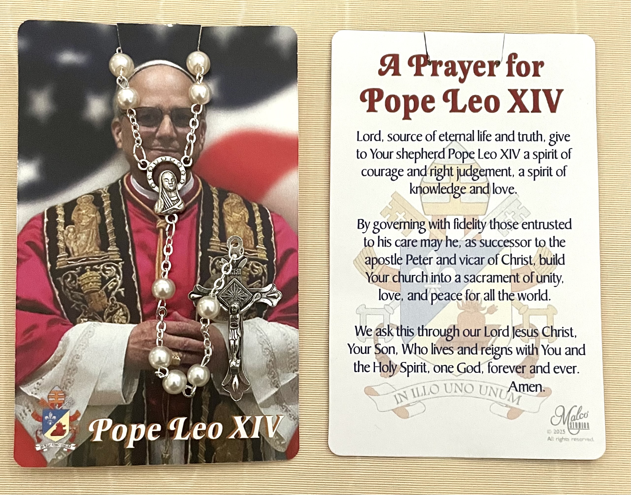 Leo XIV Women's Rosary on Card with Prayer in hanging display bag.