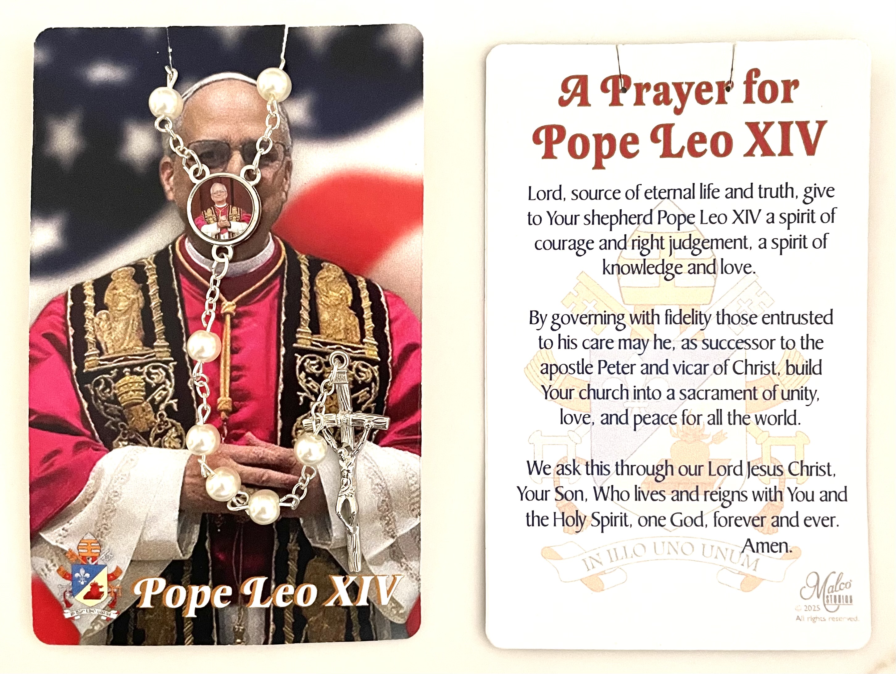 Leo XIV Women's Rosary on Card with Prayer in hanging display bag. Rosary features Photo Centerpiece of Pope Leo and Papal Crucifix