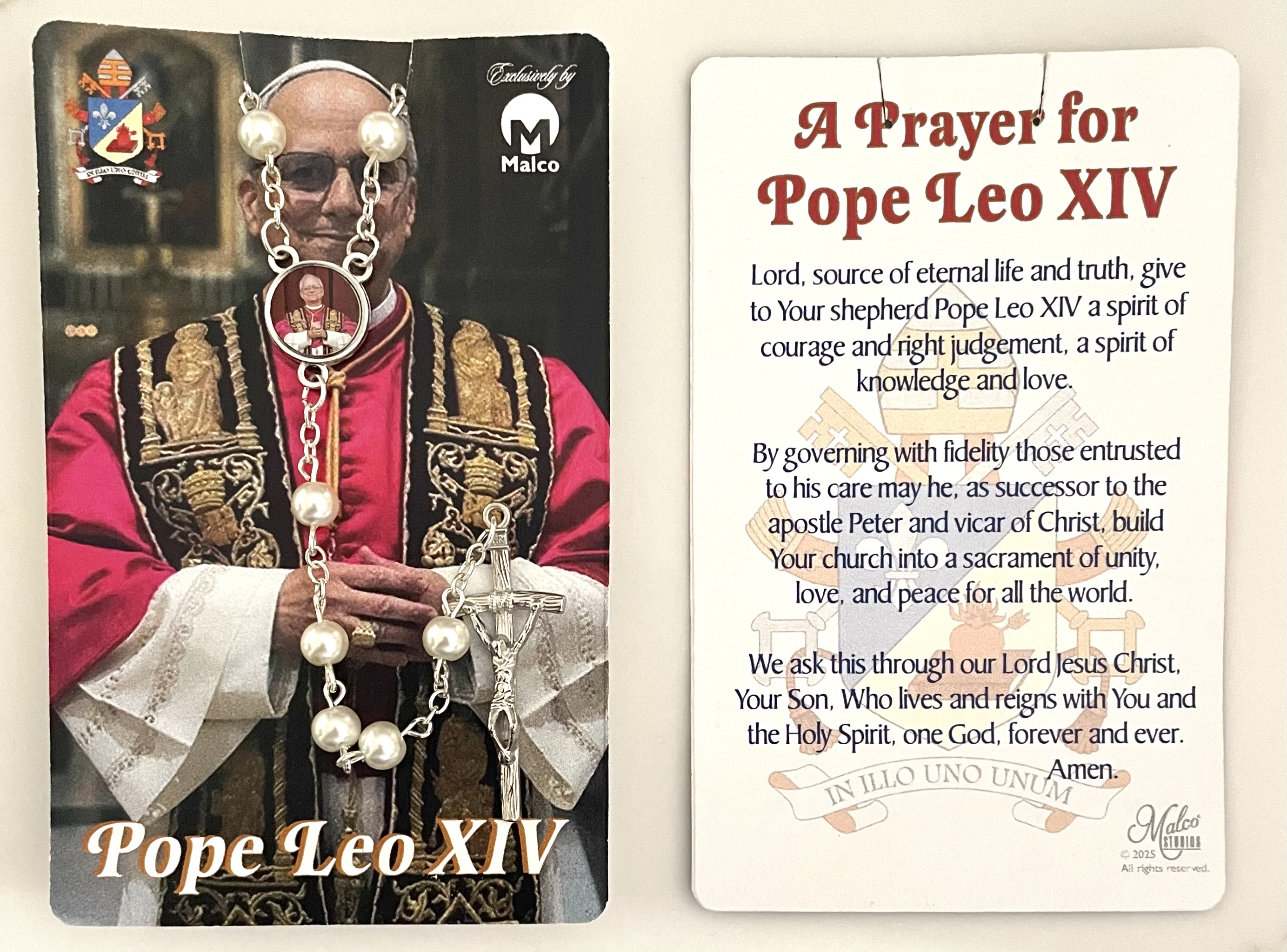 Pope Leo XIV Women's Rosary on Card with Prayer in hanging display bag. Rosary features Photo Centerpiece of Pope Leo and Papal Crucifix