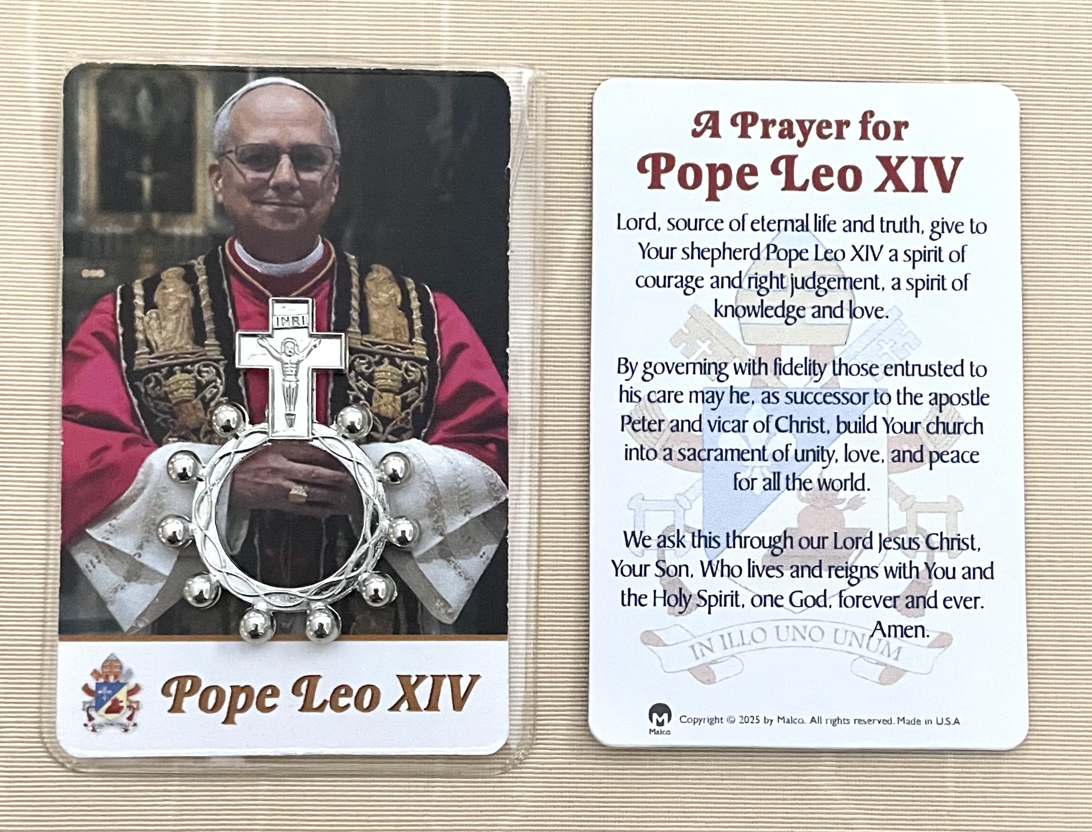Pope Leo XIV Rosary Ring and Prayer Card in Vinyl Pouch