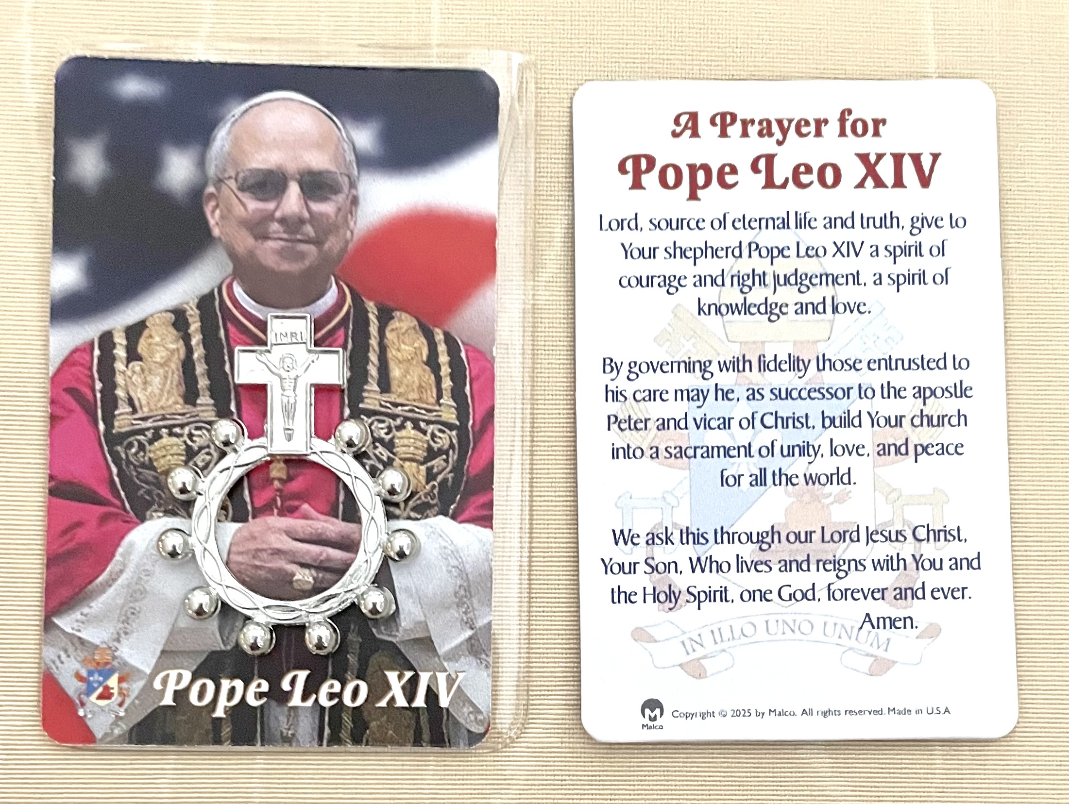 Pope Leo XIV Rosary Ring and Prayer Card in Vinyl Pouch