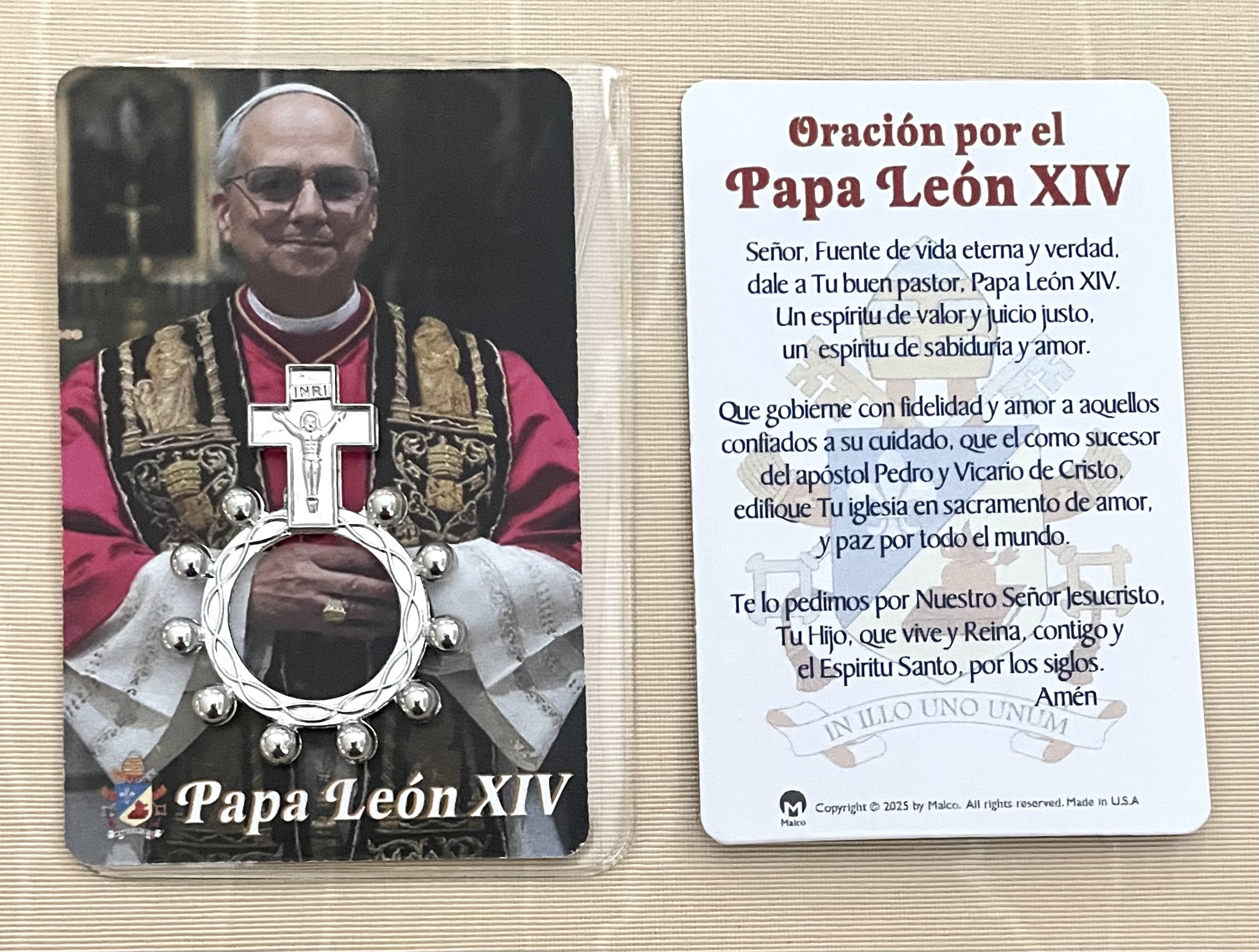 Pope Leo XIV Rosary Ring and Spanish Prayer Card in Vinyl Pouch
