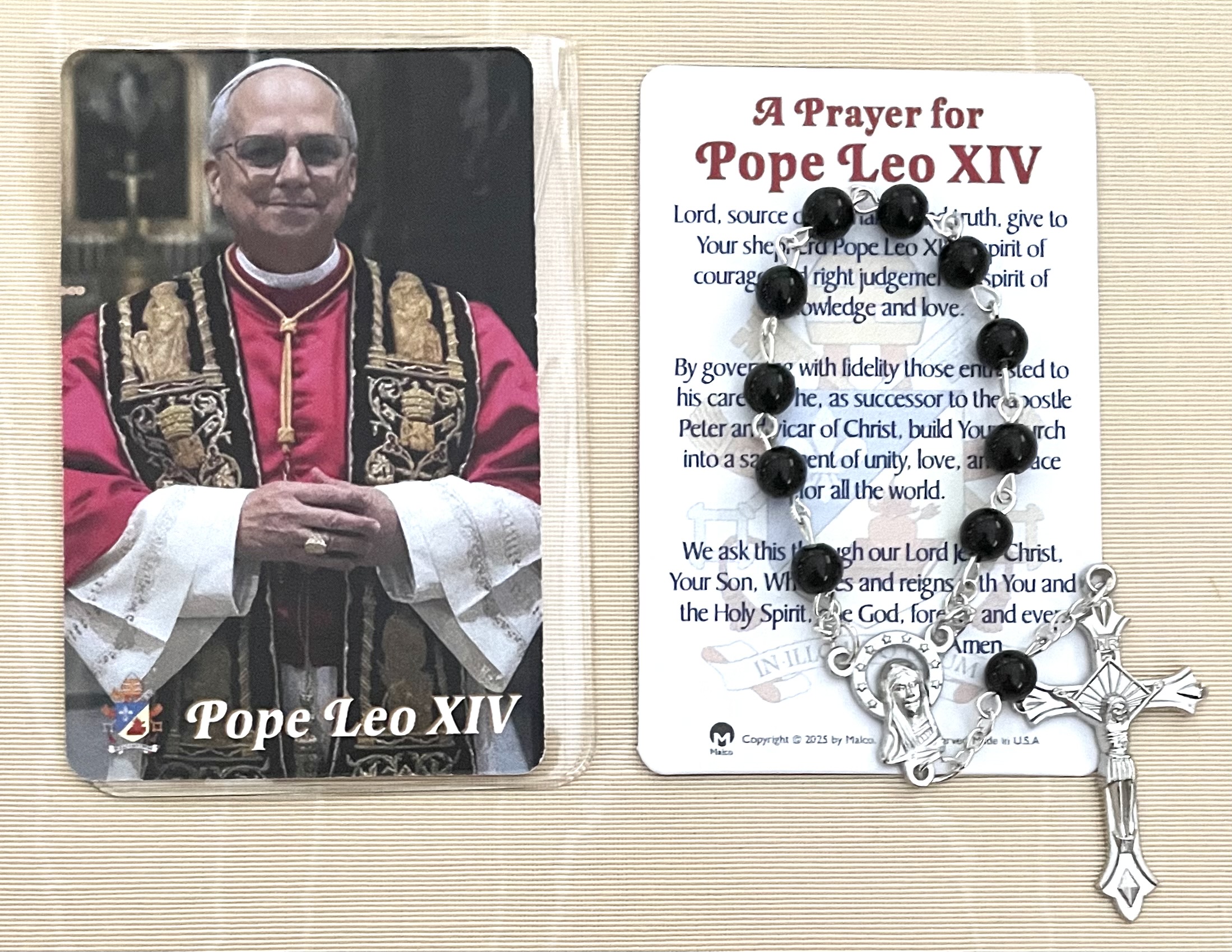 Leo XIV Men's One Decade Rosary with Prayer Card in Vinyl Pouch.
