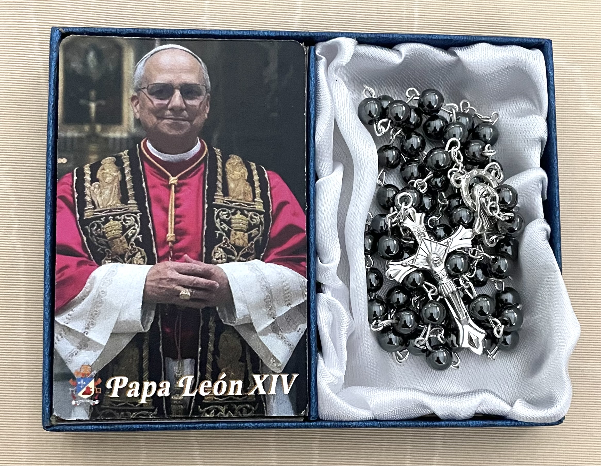 Leo XIV Men's Rosary with Spanish Prayer Card in Gift Box