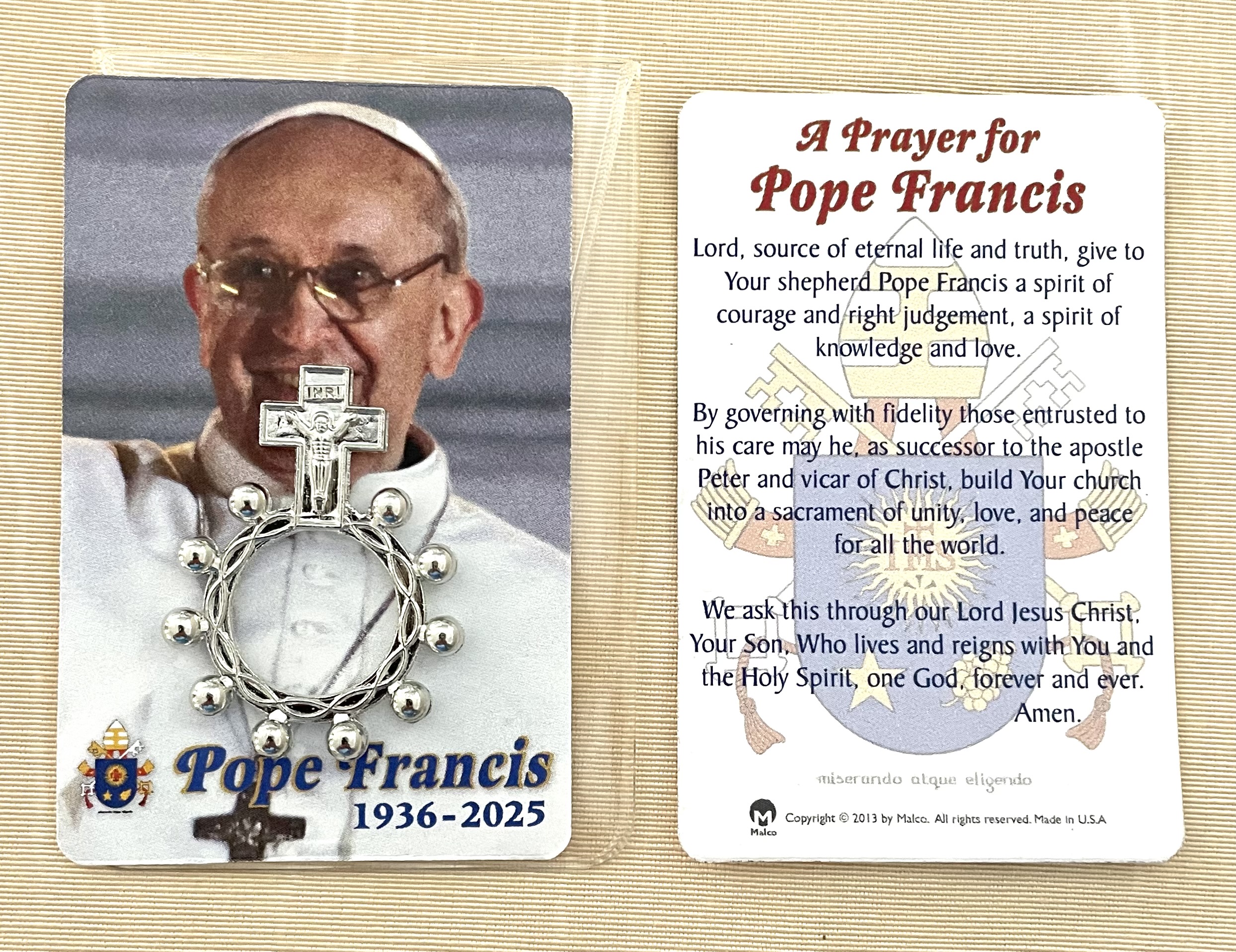 Pope Francis Rosary Ring and Prayer Card in Vinyl Pouch