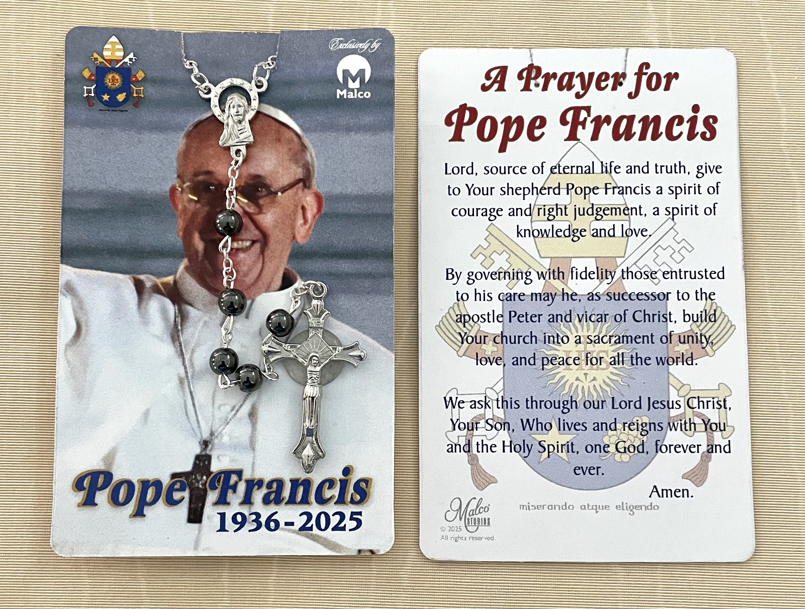 Pope Francis Men's Rosary on Prayer Card in hanging display bag.