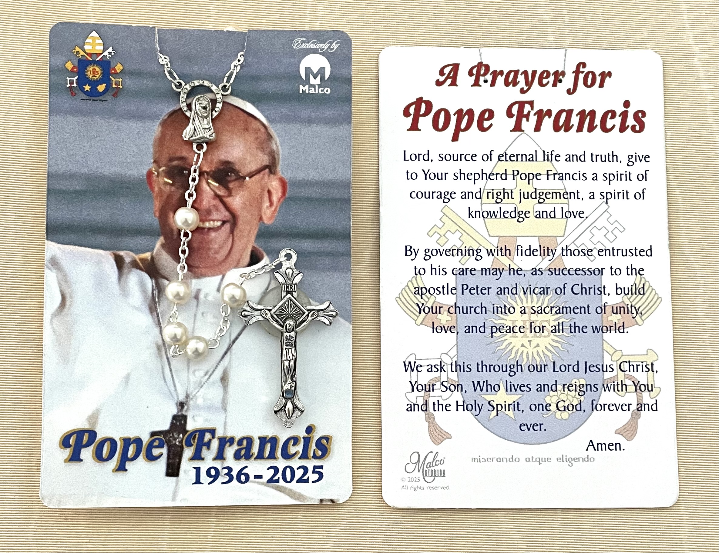 Pope Francis Women's Rosary on Prayer Card in hanging display bag.