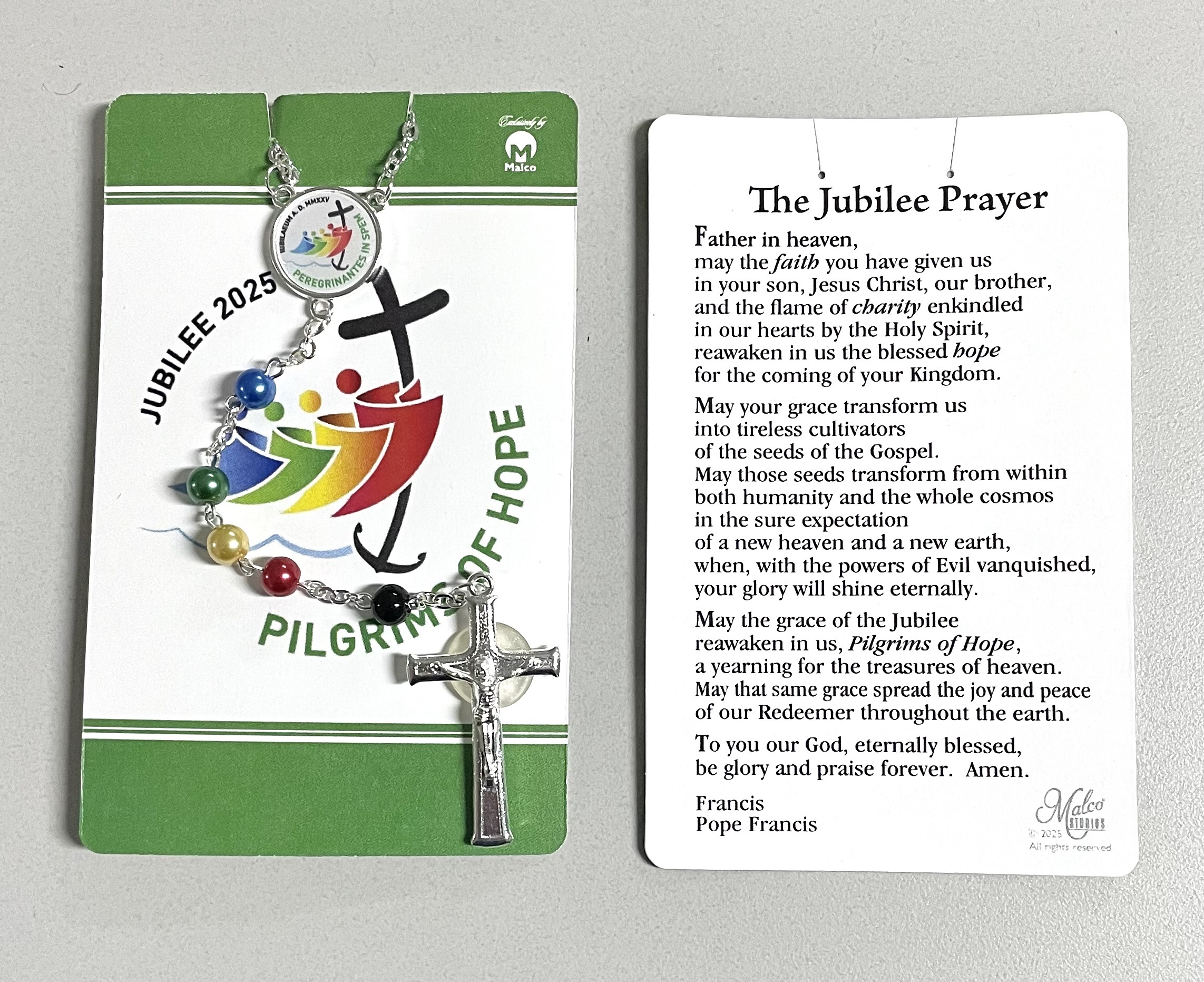Jubilee 2025 6mm Multicolor Pearl Rosary on Jubilee Prayer Card