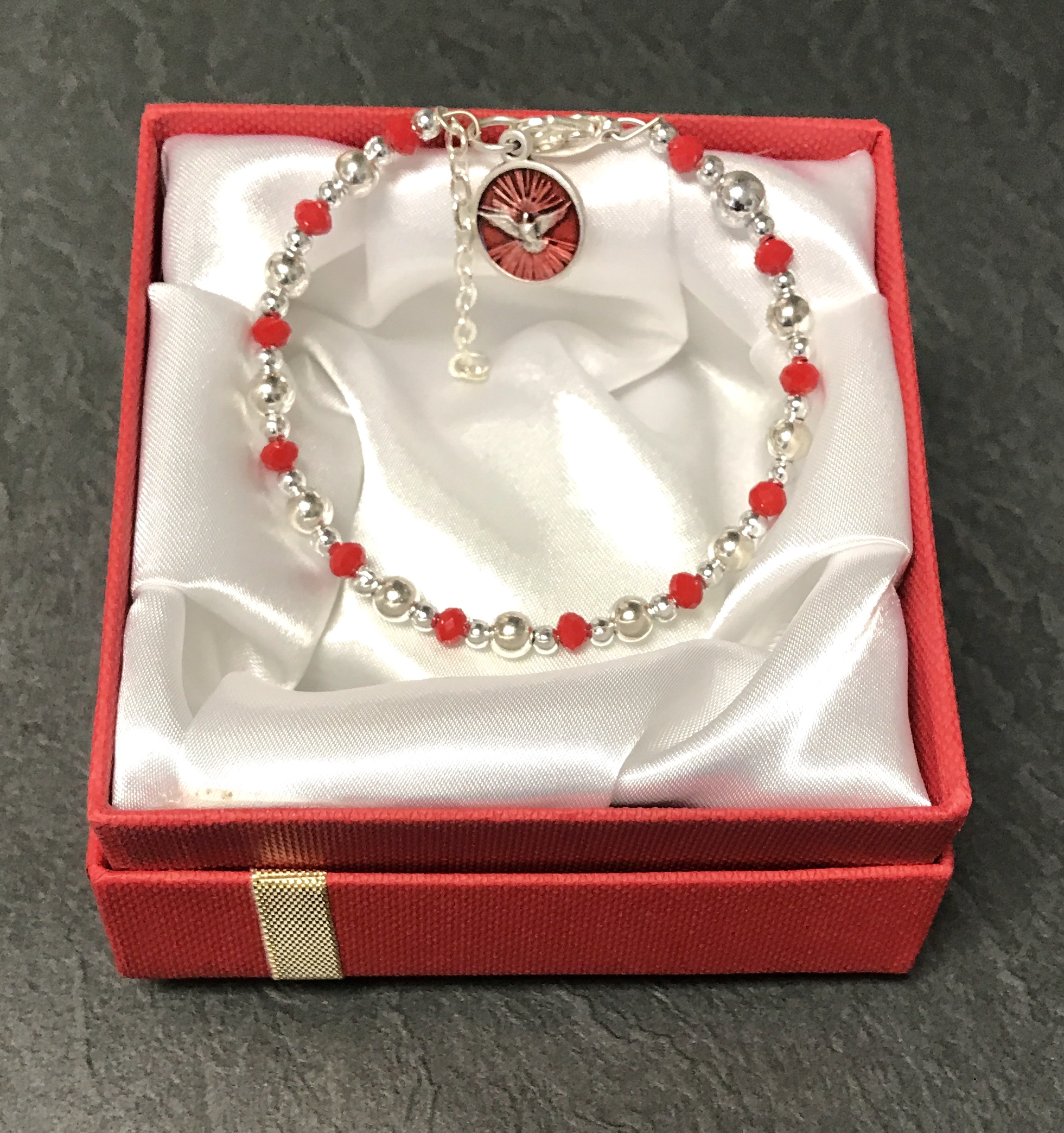 RUBY & SILVER CONFIRMATION BRACELET GIFT BOXED