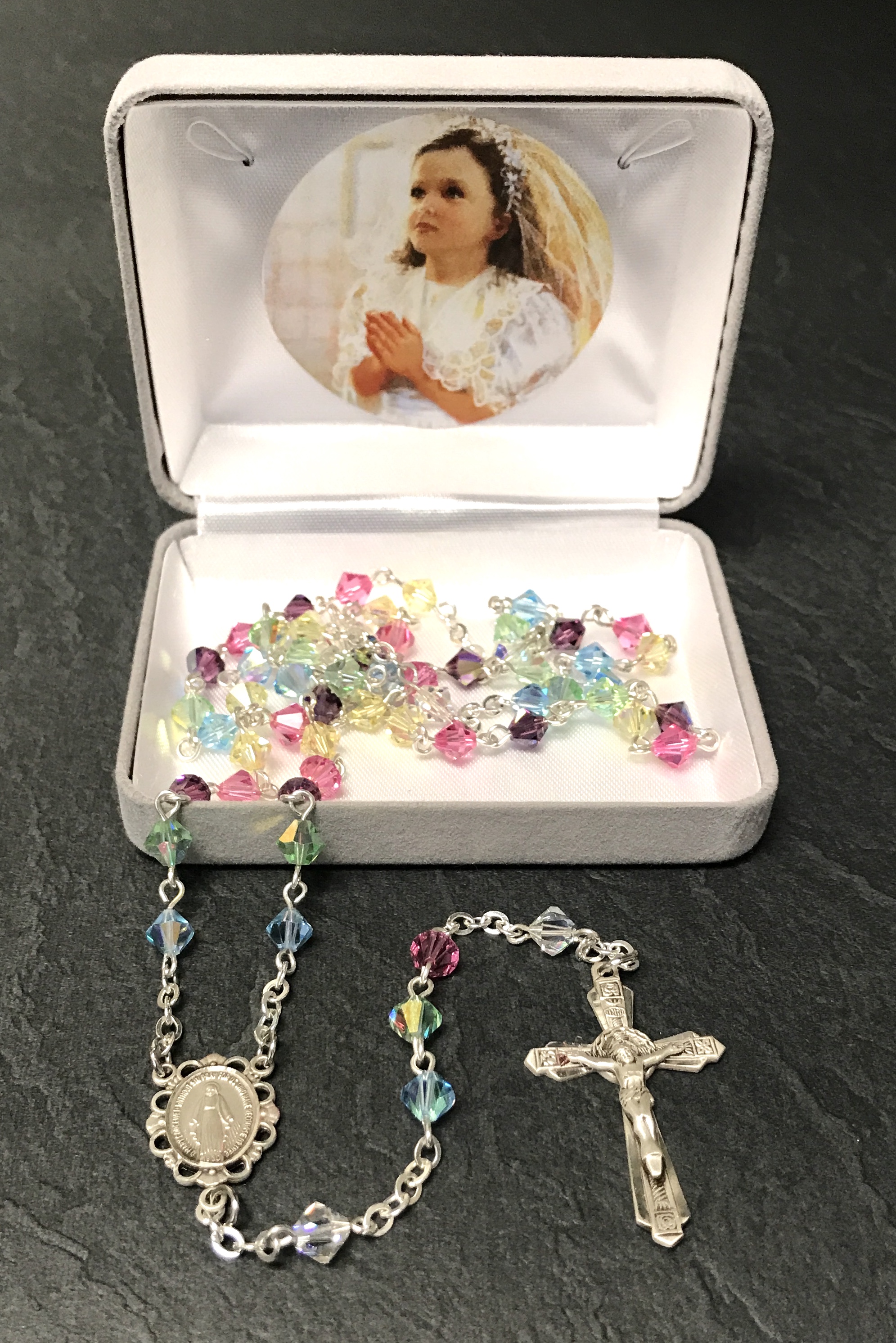 6mm RONDELLE MULTICOLOR AB SWAROVSKI ALL STERLING SILVER ROSARY GIFT BOXED