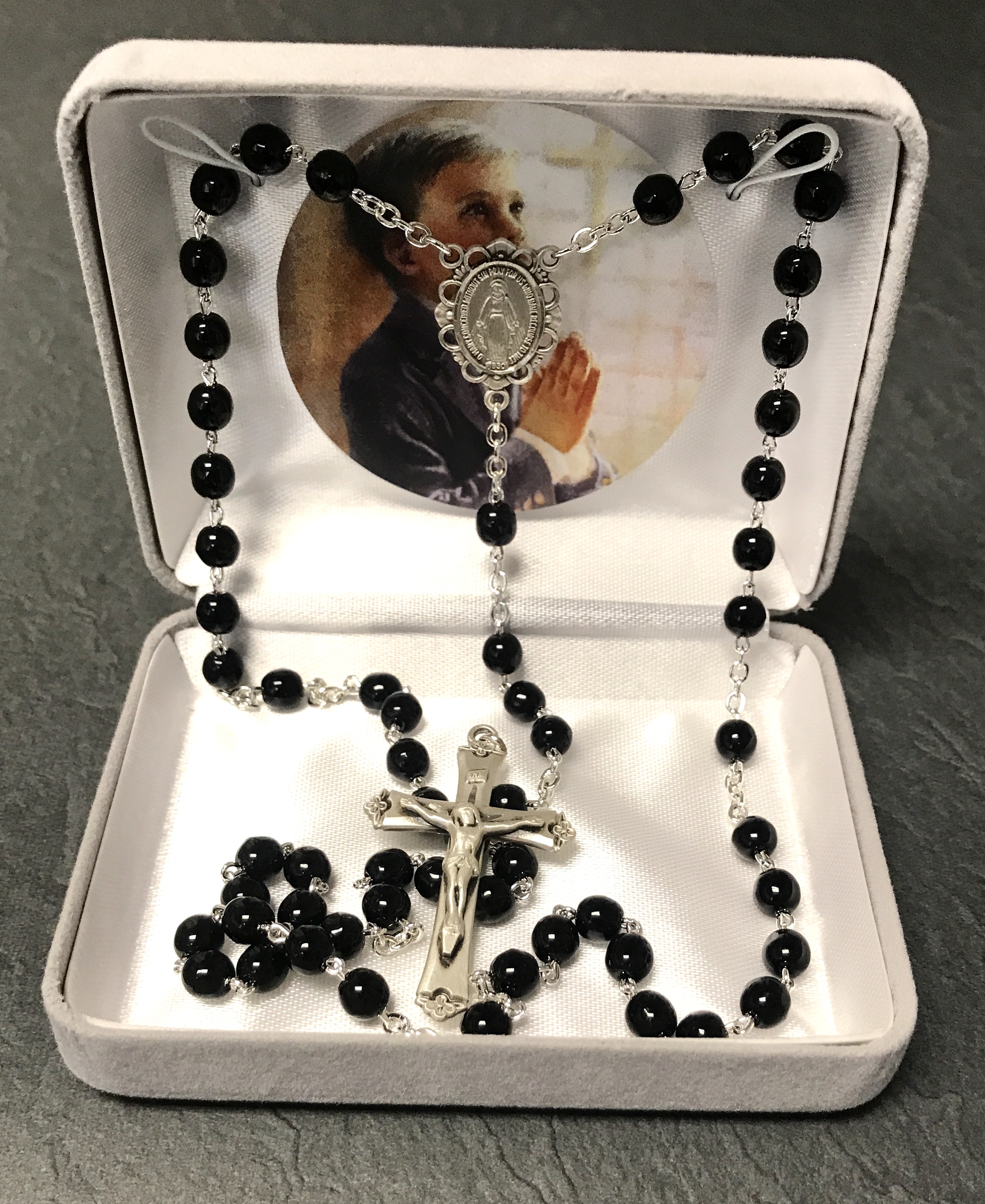 5mm BLACK STERLING SILVER WIRE & CHAIN FC ROSARY GIFT BOXED