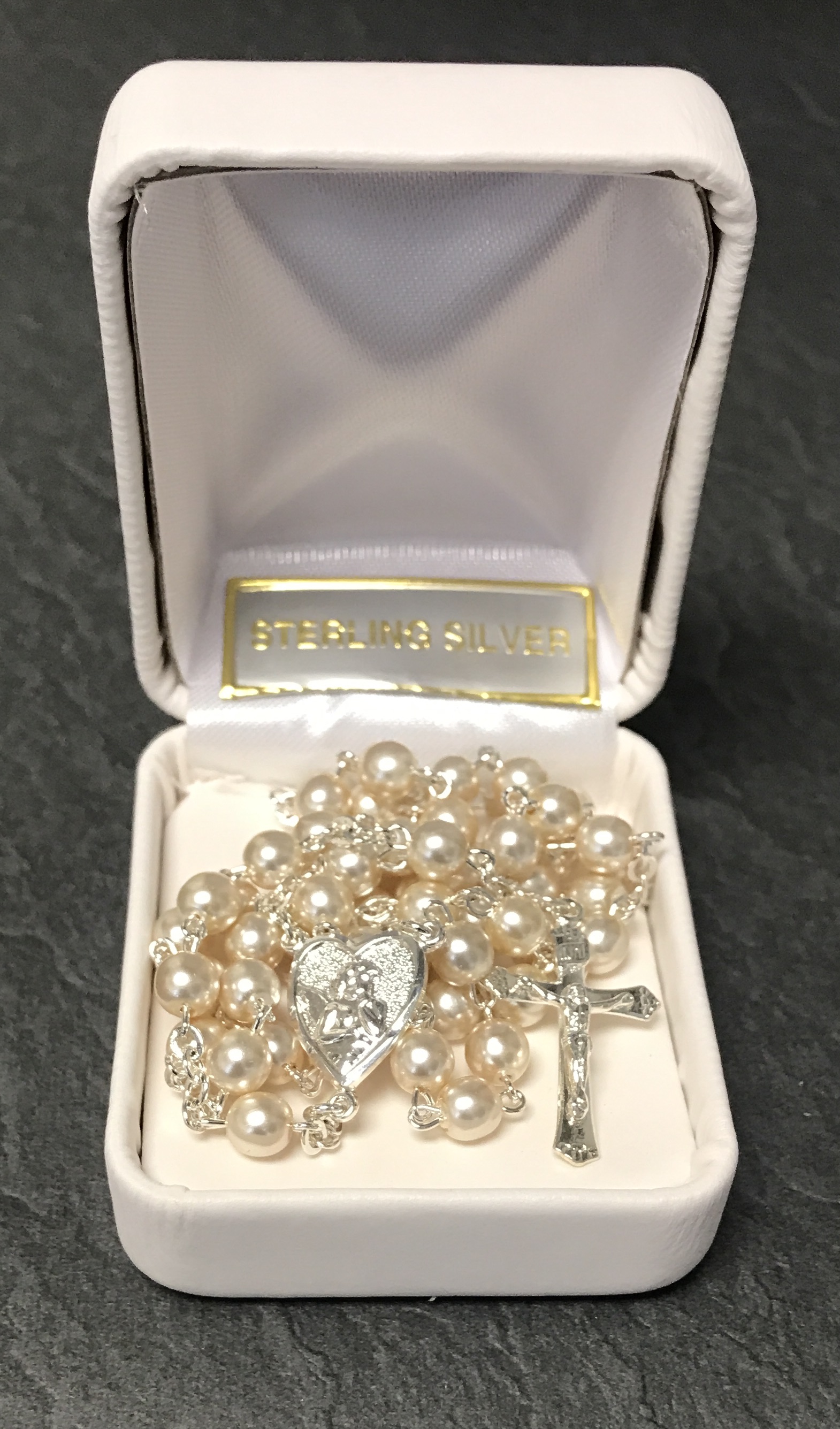 5mm PEARL STERLING SILVER FC ROSARY GIFT BOXED