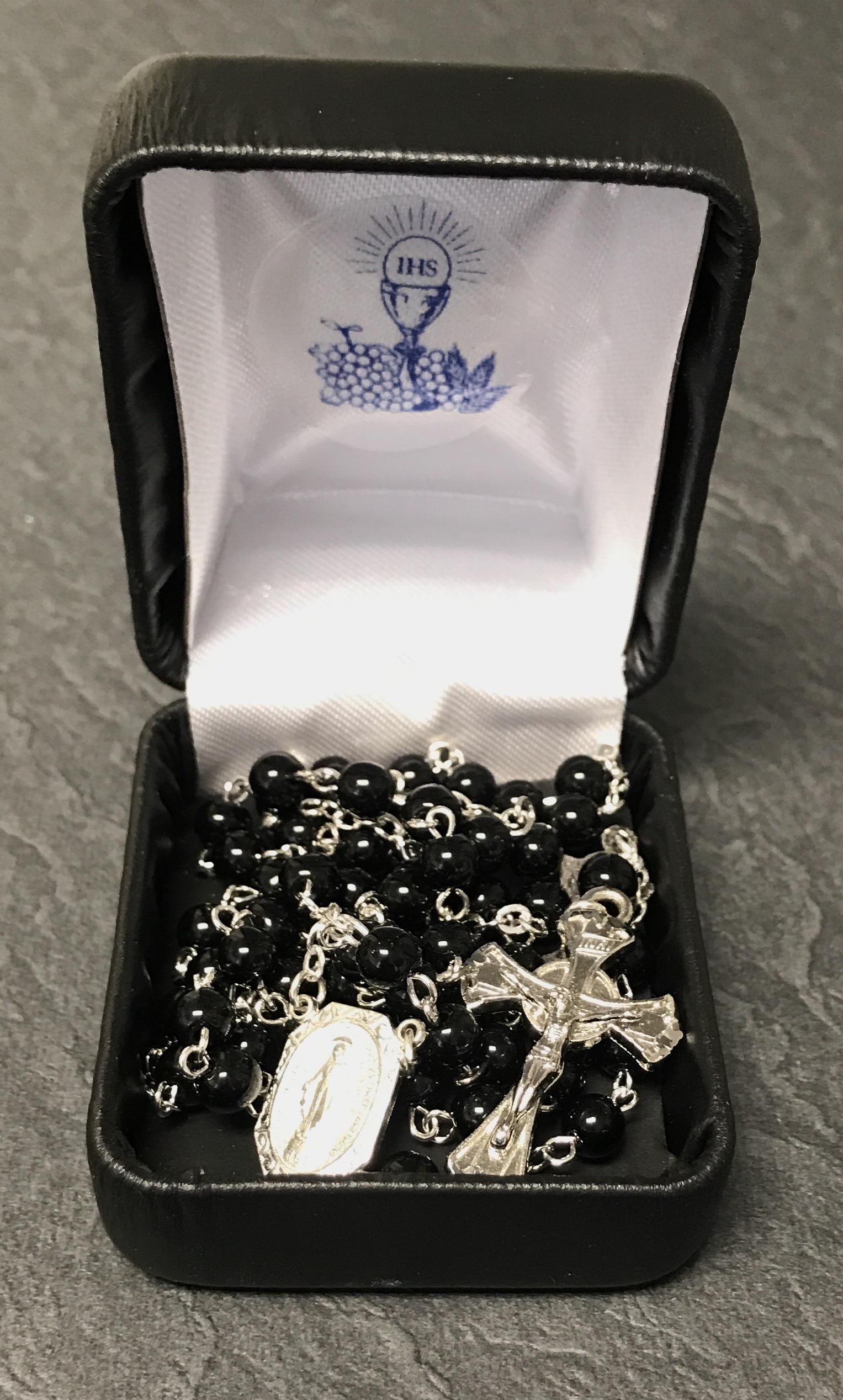 5mm BLACK HAND ENGRAVED CRUCIFIX AND CENTER FC ROSARY