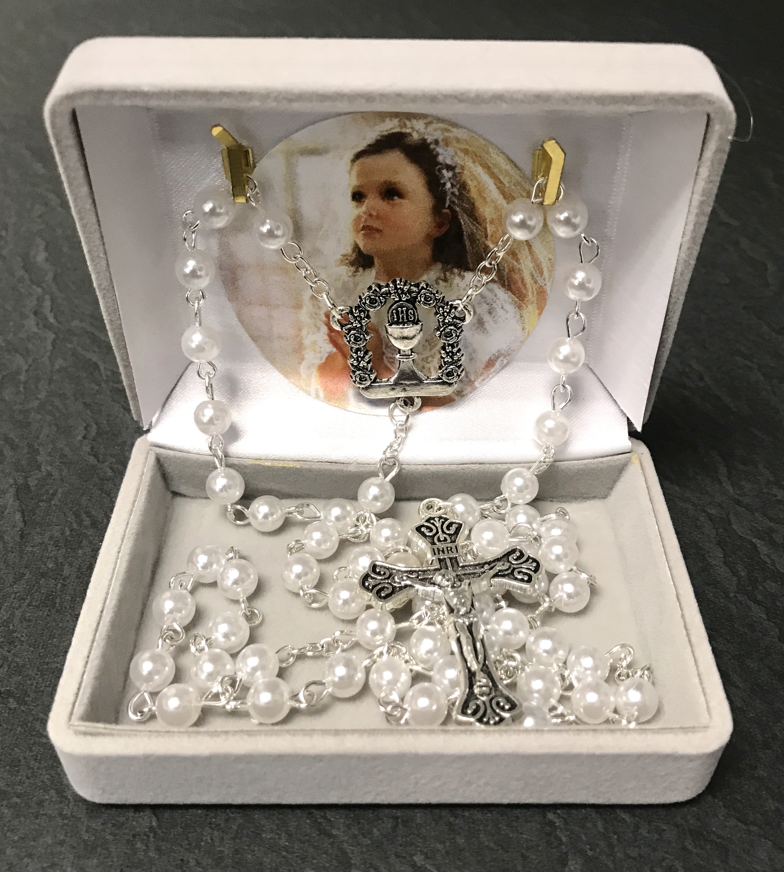 PEARL FIRST COMMUNION ROSARY WITH CHALICE CENTER GIFT BOXED