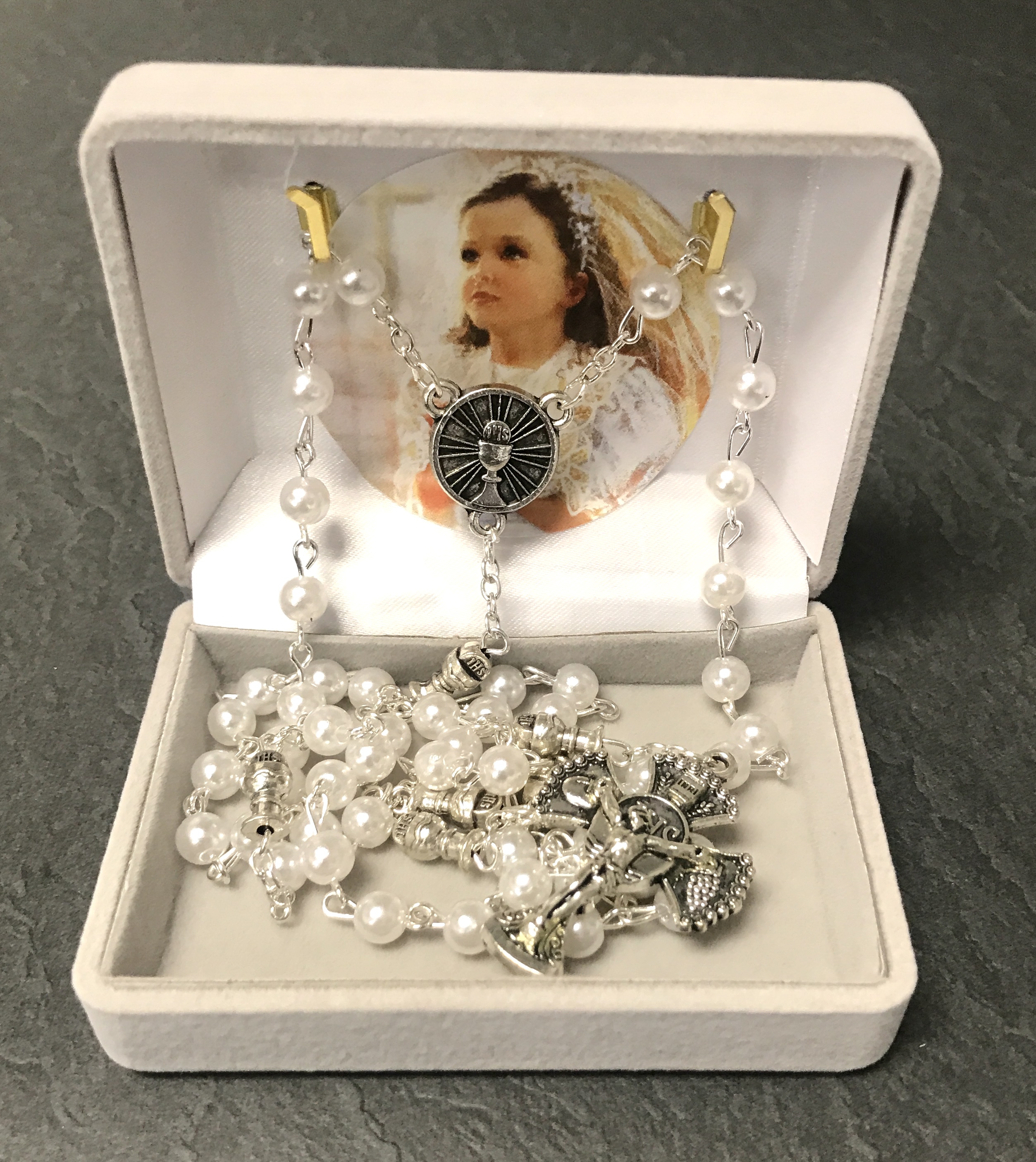 PEARL FIRST COMMUNION ROSARY WITH CHALICE OUR FATHER BEADS GIFT BOXED