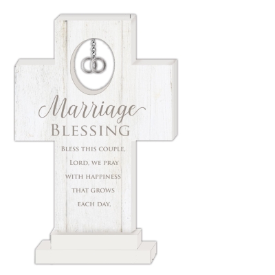 6 in Marriage Blessing Standing Cross with Double Rings Charm Boxed