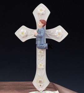 8in RESIN KNEELING BOY FIRST COMMUNION CROSS