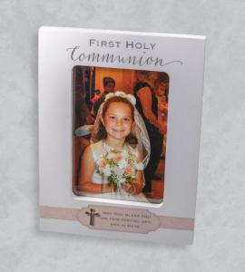 5X7 WOOD GIRL FIRST COMMUNION FRAME WITH PINK RIBBON & CROSS-HOLDS 4X6 PHOTO