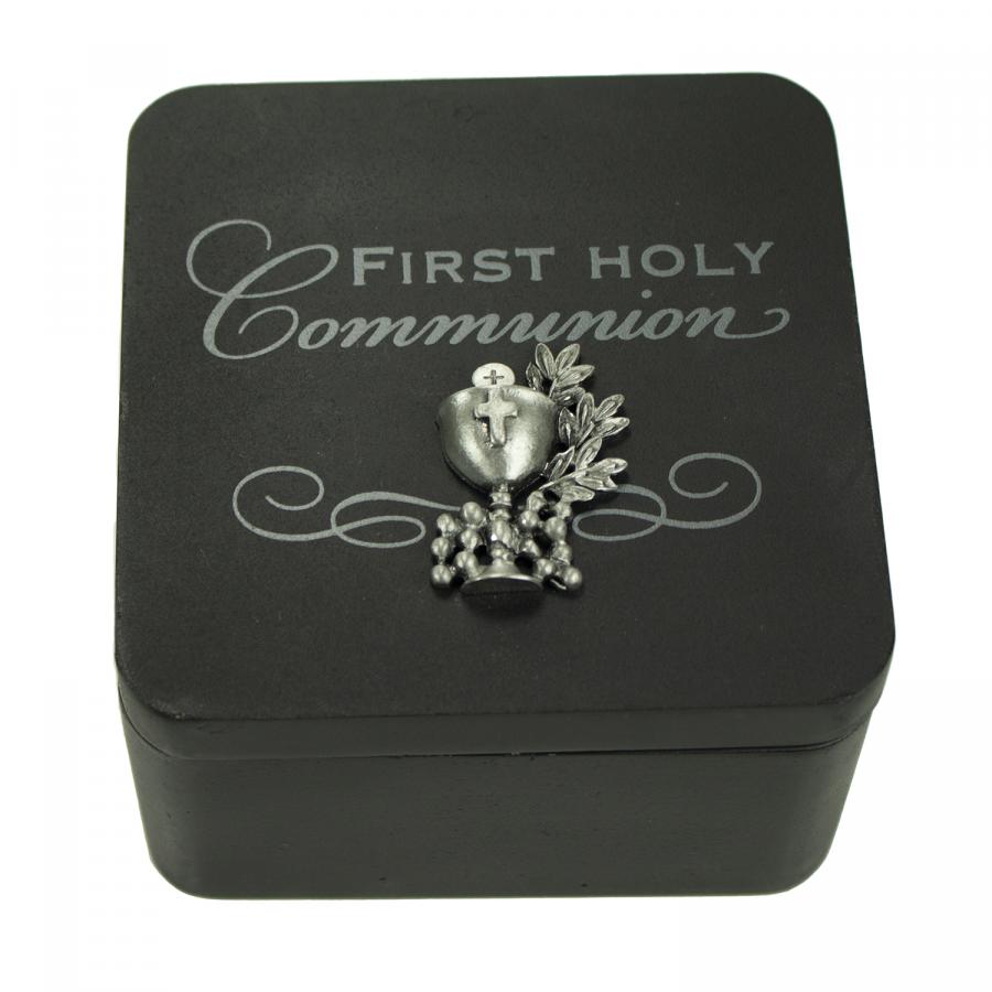 Wood First Communion Rosary Box w/Metal Chalice 4in x4in x2in