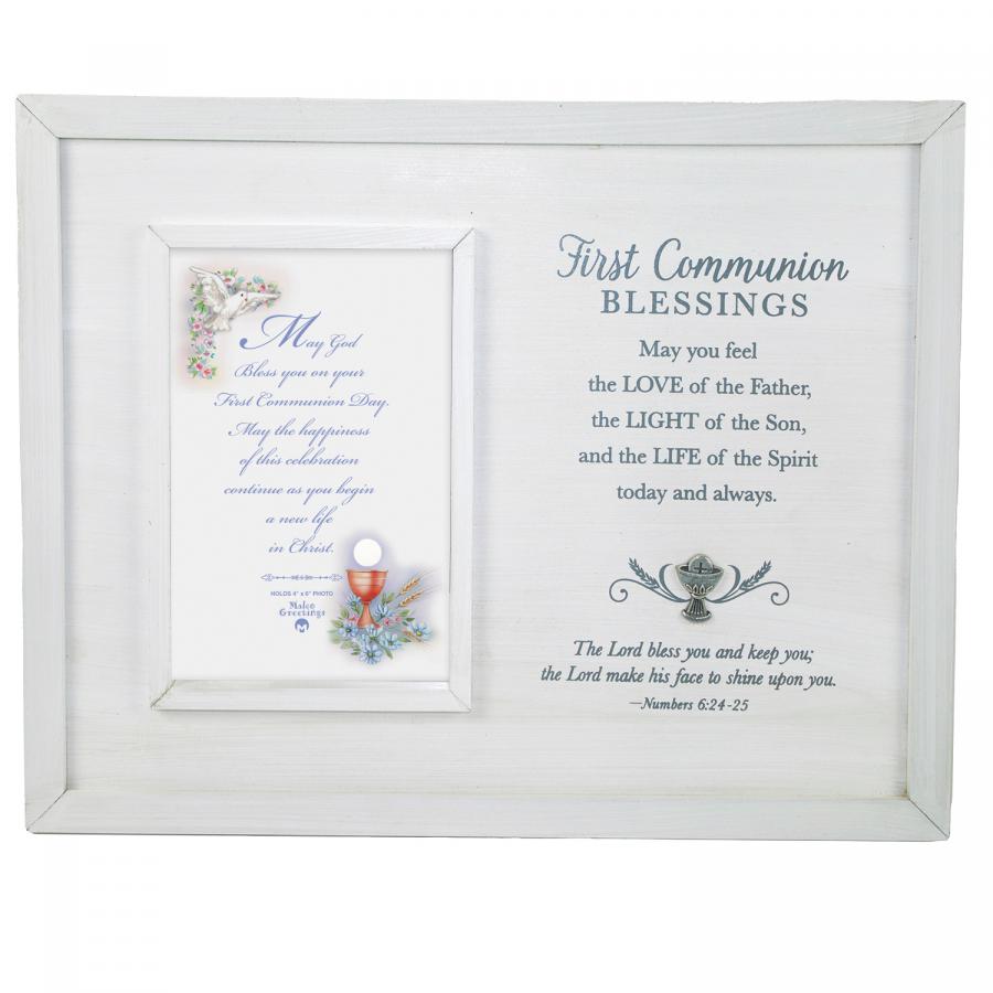 8in x10.5in Wood First Communion frame w/Metal Chalice hangs or stands - holds 4in x6in photo
