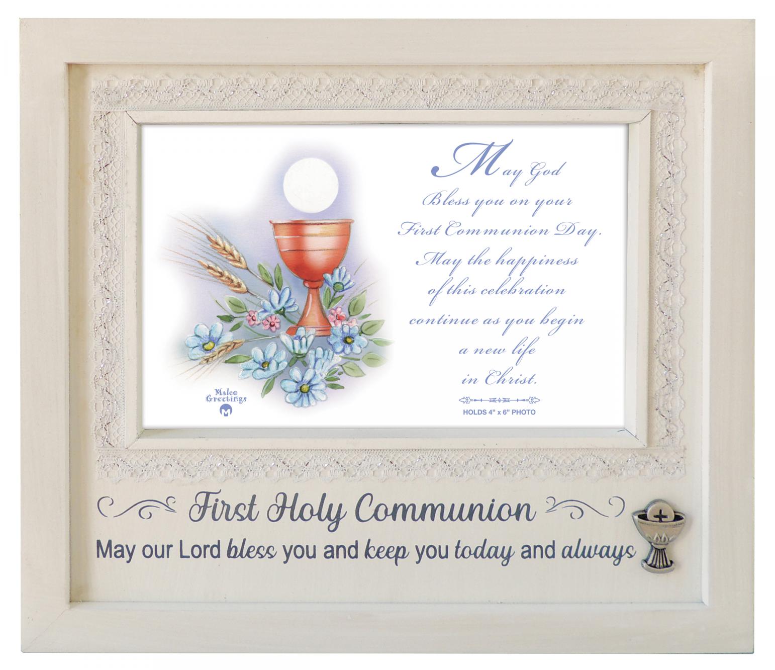 7.5in x8.5in Wood First Communion frame w/Lace & Metal Accent hangs or stands - holds 4in x6in photo