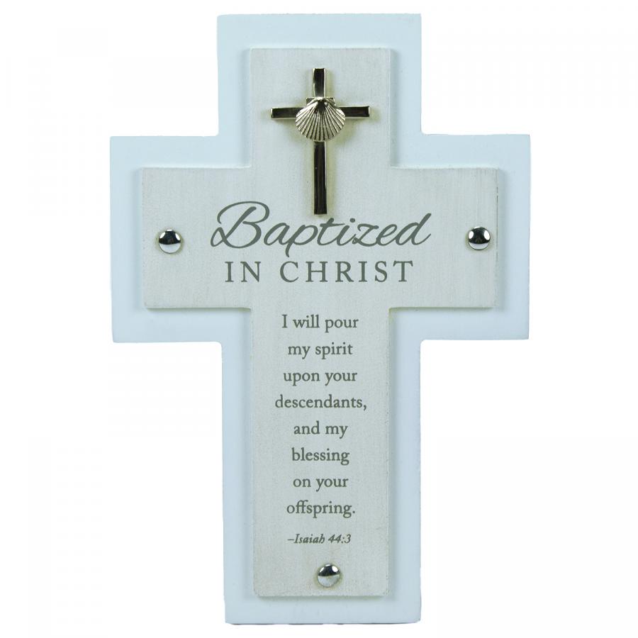 7in Wood Boy's Baptism cross w/metal cross & shell can hang or stand