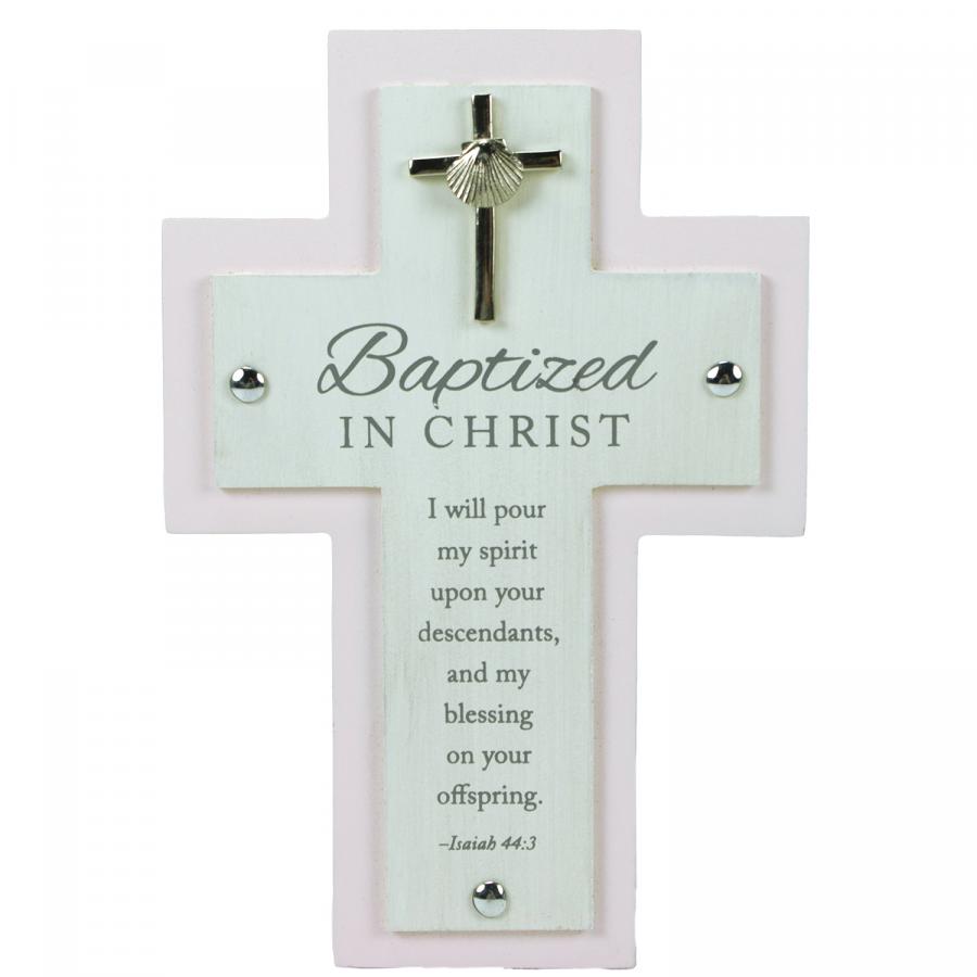 7in Wood Girl's Baptism cross w/metal cross & shell can hang or stand