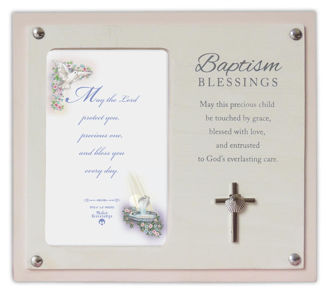 7.5in x8.5in Wood Girl's Baptism frame w/ & Metal Cross & Shell Accent hangs or stands - holds 4in x6in photo
