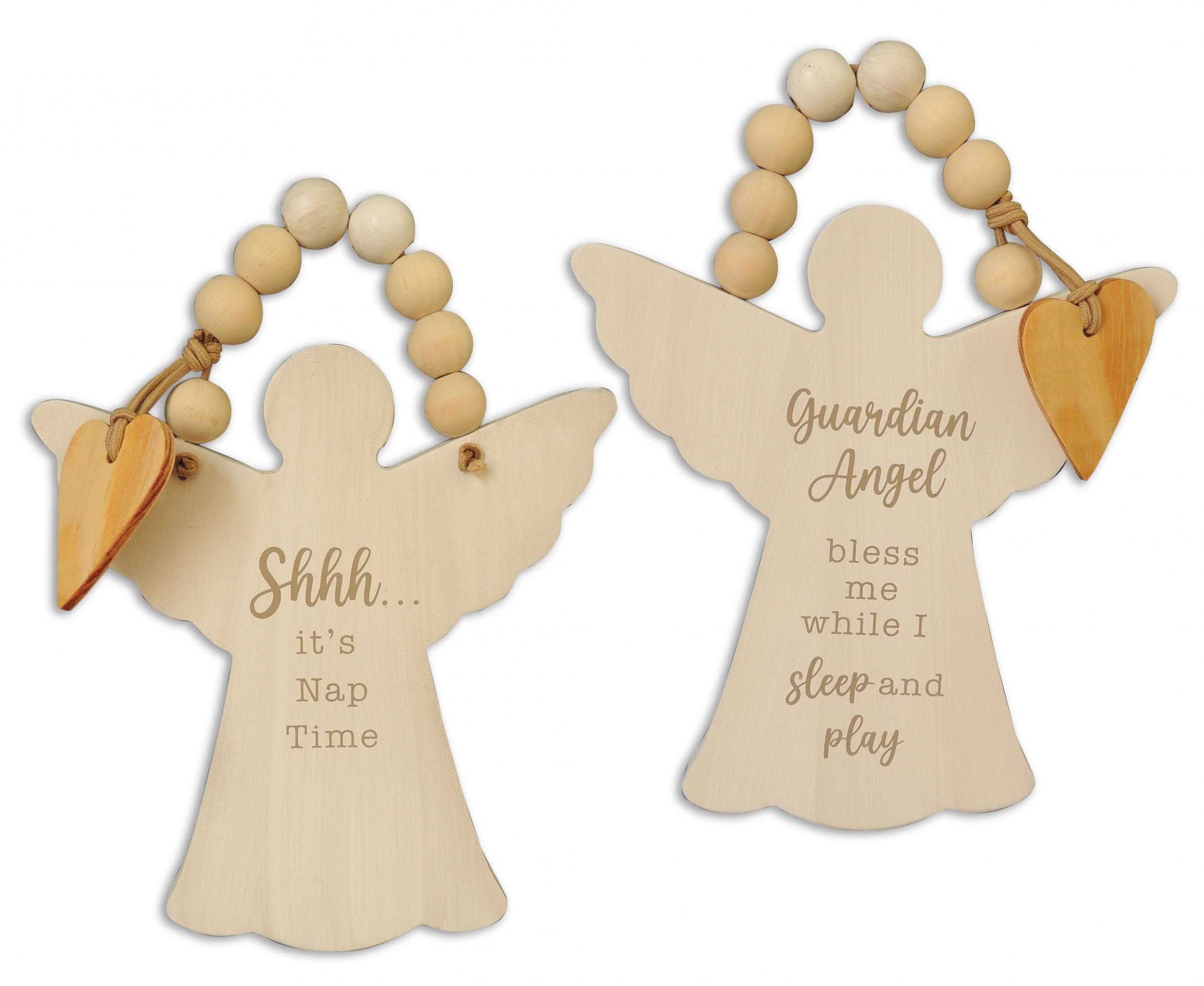 ANGEL DOOR KNOB HANGER CRAFTED OF WOOD, 2-SIDED FEATURING AN INSPIRATIONAL PRAYER ON ONE SIDE WITH SHHH...IT'S NAP TIME ON THE OTHER SIDE. STRETCHY JUTE LIKE CORD HOLD CHARM AND THE BEADS ENABLING EASE OF FIT IVER DOOR KNOB OR HANDLE. 5.5IN W X 7.5IN H