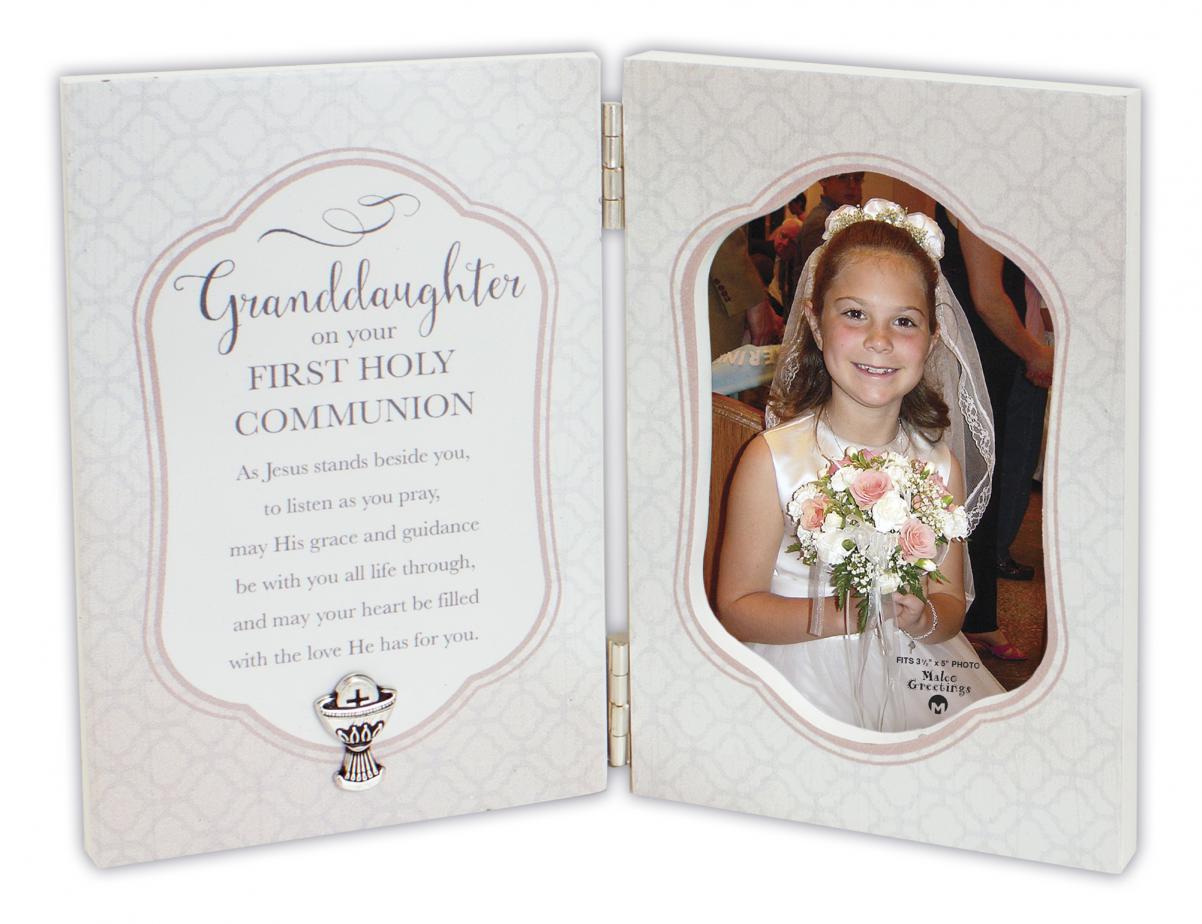 Granddaughter First Holy Communion Hinged Wood Frame Accented with Bright Metal Chalice Holds 3.5x5in Photo. Frame is 8x6in.d