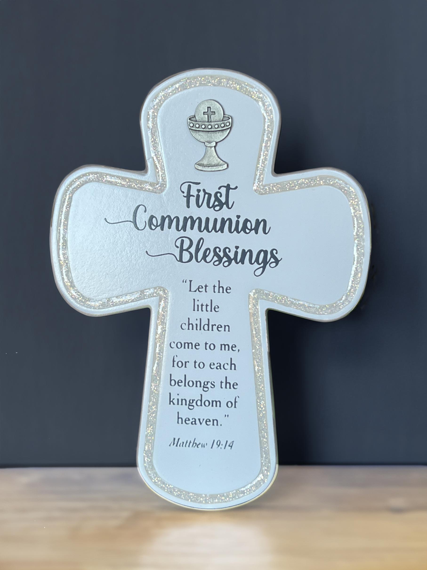 First Communion Standing Cross. Wood with Cast Metal Chalice and Biblical Quote. Features Glitter Epoxy Bevel around the Edge. May Hang or Stand. 4in W x 6in H
