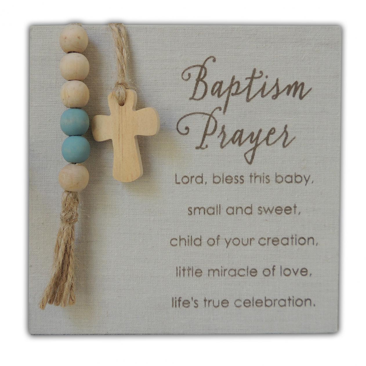 Baptism Boy - Wood Plaque, wrapped in fabric, adorned with jute, wood beads and cross. Ready to hang or stand 6x6in