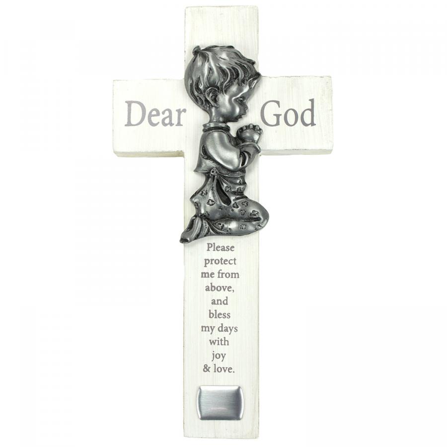 6in Boy Bedtime Wood Prayer Cross with Pewter Praying Boy. Includes engraving plate for personalization.
