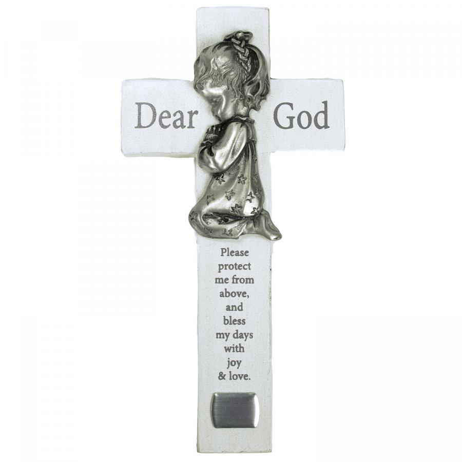 6in Girl Bedtime Wood Prayer Cross with Pewter Praying Girl. Includes engraving plate for personalization.