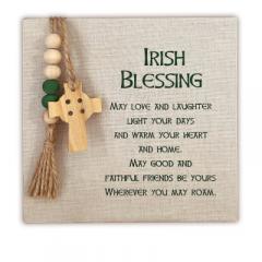 Irish Blessing - Wood Plaque, wrapped in fabric, adorned with jute, wood beads and cross. Ready to hang or stand 6x6in