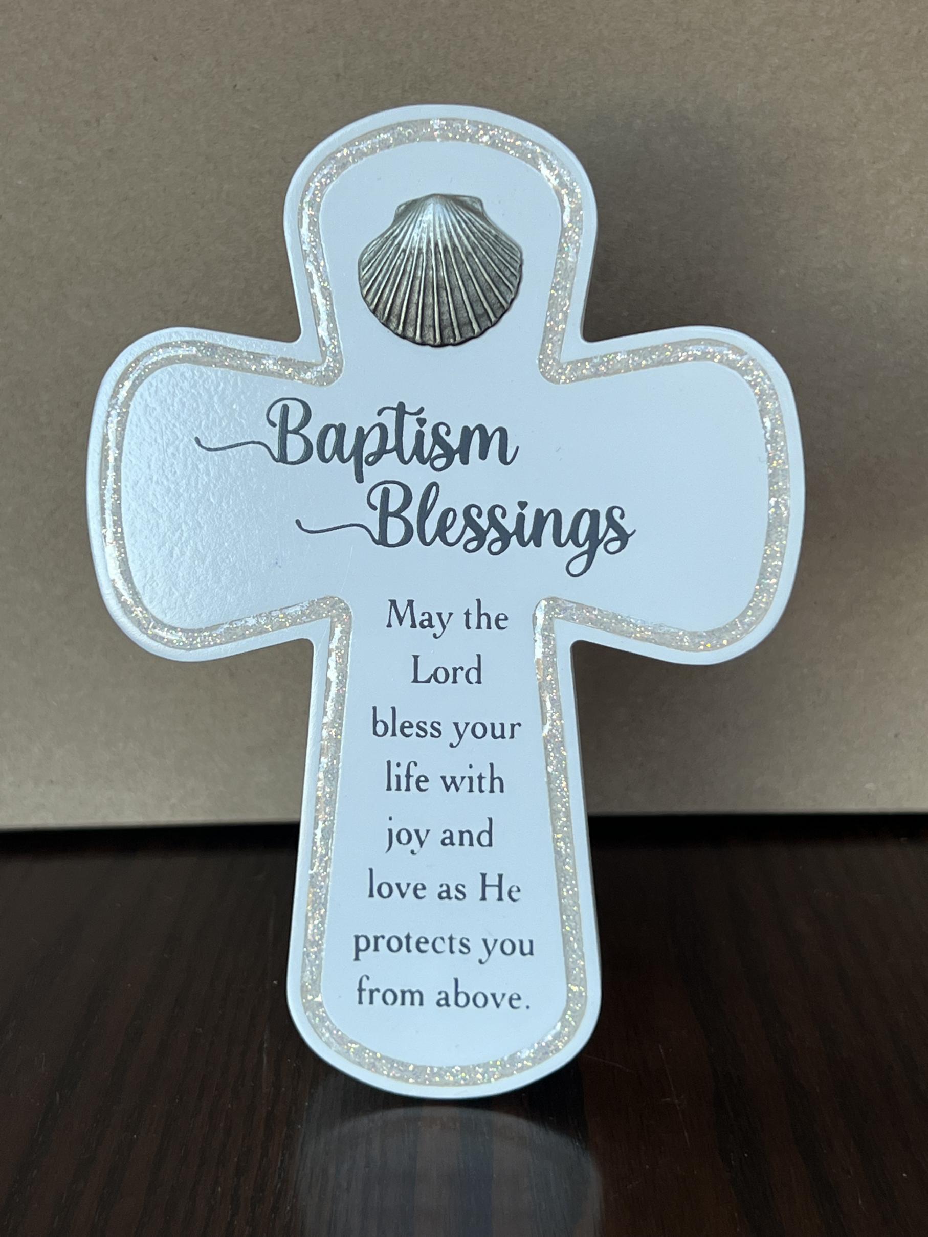 Baptism Standing Cross. Wood with Cast Metal Shell and Biblical Quote. Features Glitter Epoxy Bevel around the Edge. May Hang or Stand. 4in W x 6in H
